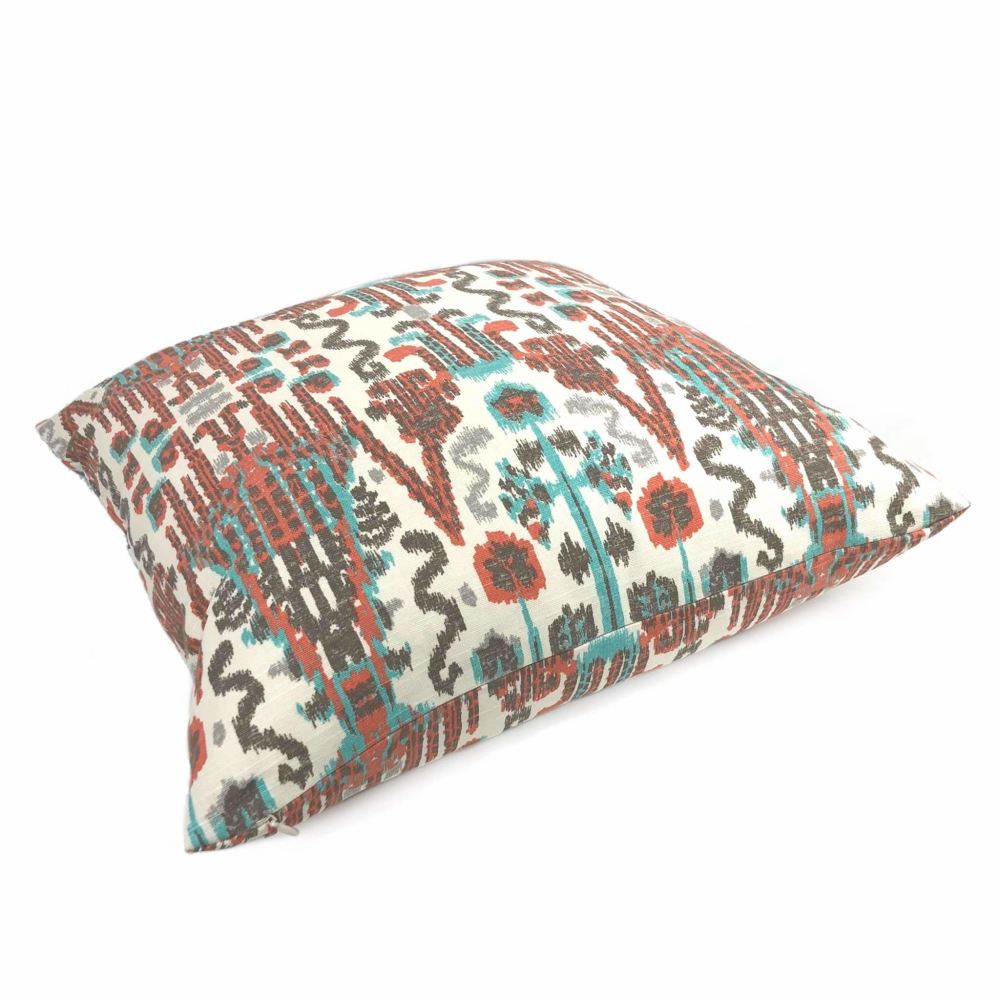 Bombay Paprika Orange Aqua Blue Ikat Pillow Cover - Handmade Linen Blend Cushion Case for Sofa, Bed & Home Decor - Boho Chic Throw Pillow Cover 18x18 Inches