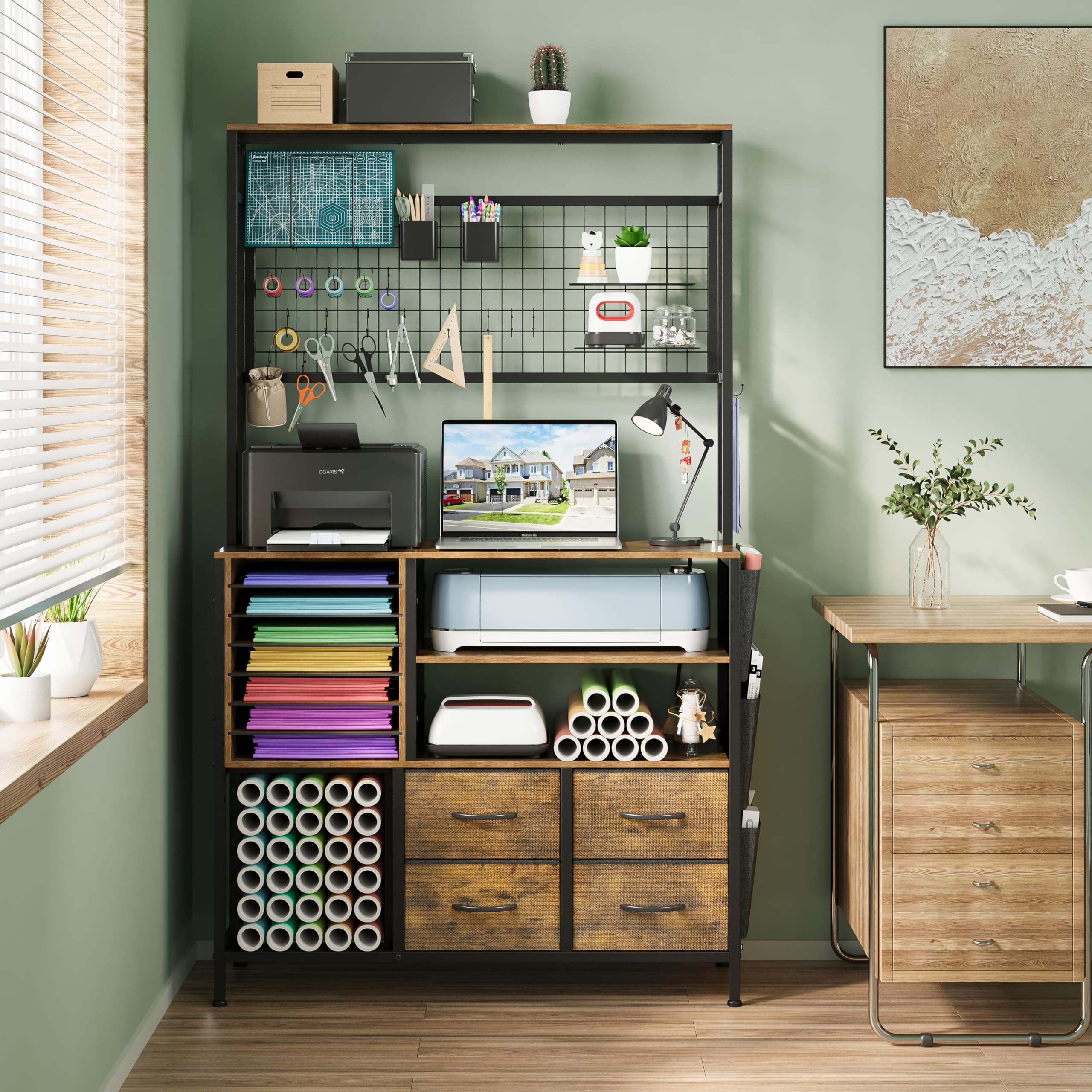 Large Craft Storage Cabinet with Charging Station - Organizer for Cricut Machines, Craft Tools & Vinyl Rolls - Rustic Brown Crafting Desk for DIY Projects, Scrapbooking & Home Decor