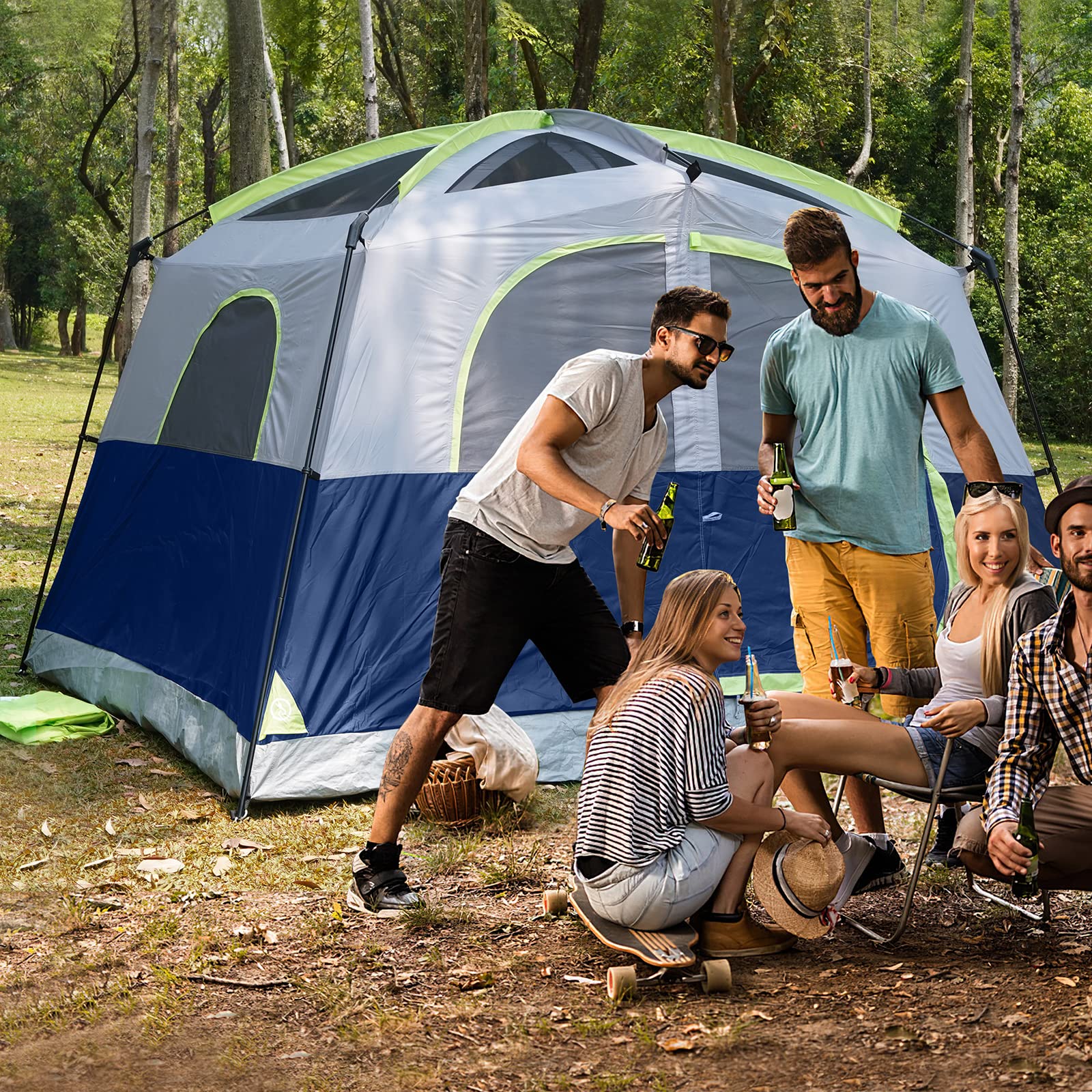 UNP 6-Person Waterproof Windproof Family Camping Tent - Double Layer, Easy Setup with 1 Mesh Door & 5 Large Windows (10'x9'x78