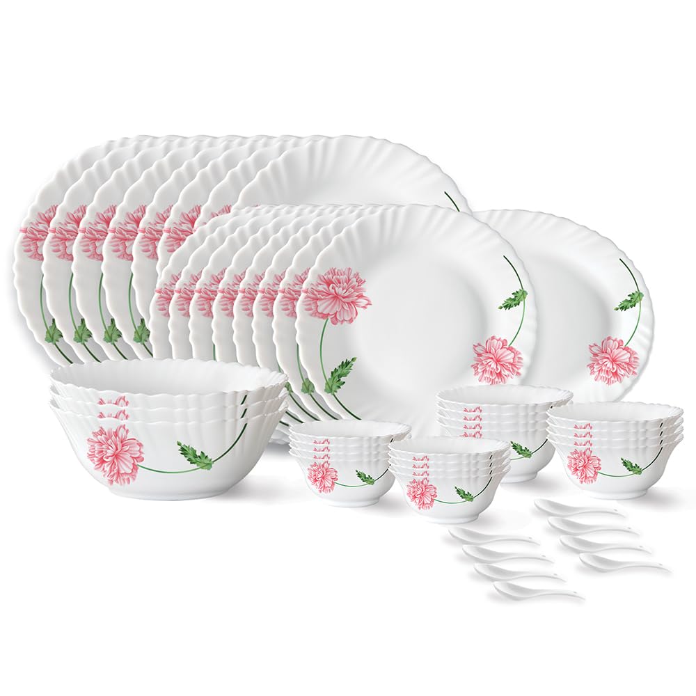 Borosil Red Mist Fluted Opalware Dinner Set - 44 Piece Family Dinnerware for 8 | Microwave & Dishwasher Safe | Bone-Ash Free | Elegant White Plates & Bowls | Perfect for Daily Dining, Entertaining & Gift Giving
