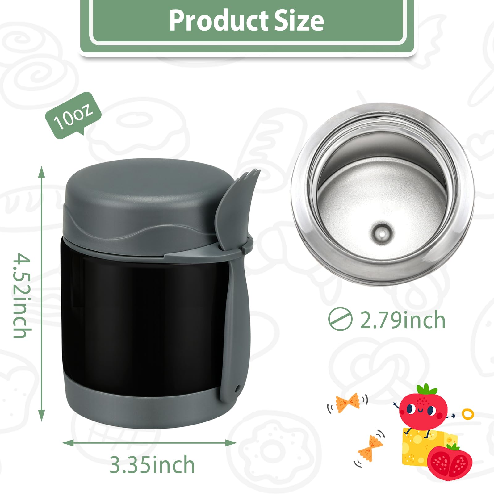 **10oz Insulated Stainless Steel Kids Lunch Thermos with Spoon - Leak-Proof Wide Mouth Hot Food Container for School, Travel & Picnics - Keeps Soup & Meals Warm (Black)**