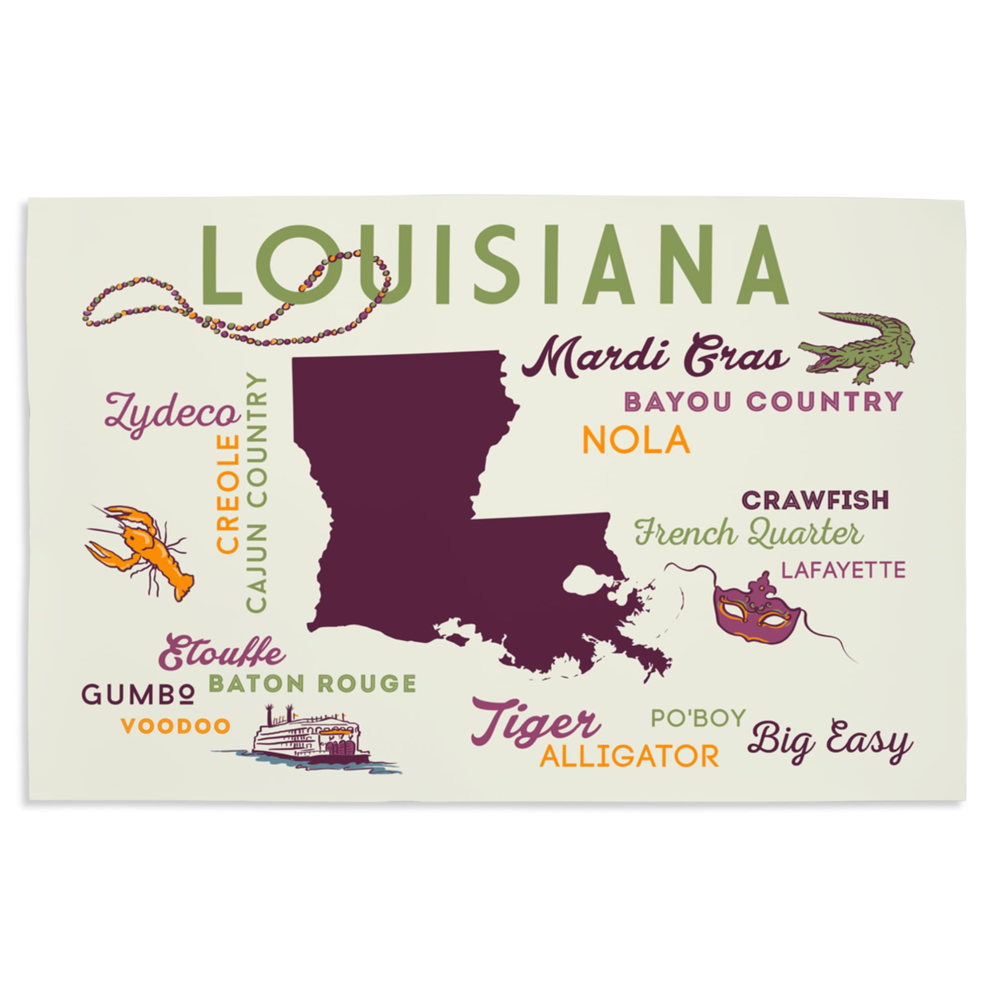 Lantern Press 16x24 Inch Giclee Art Print - Louisiana State Typography & Icon Wall Decor - Perfect for Home, Office & Gift Giving