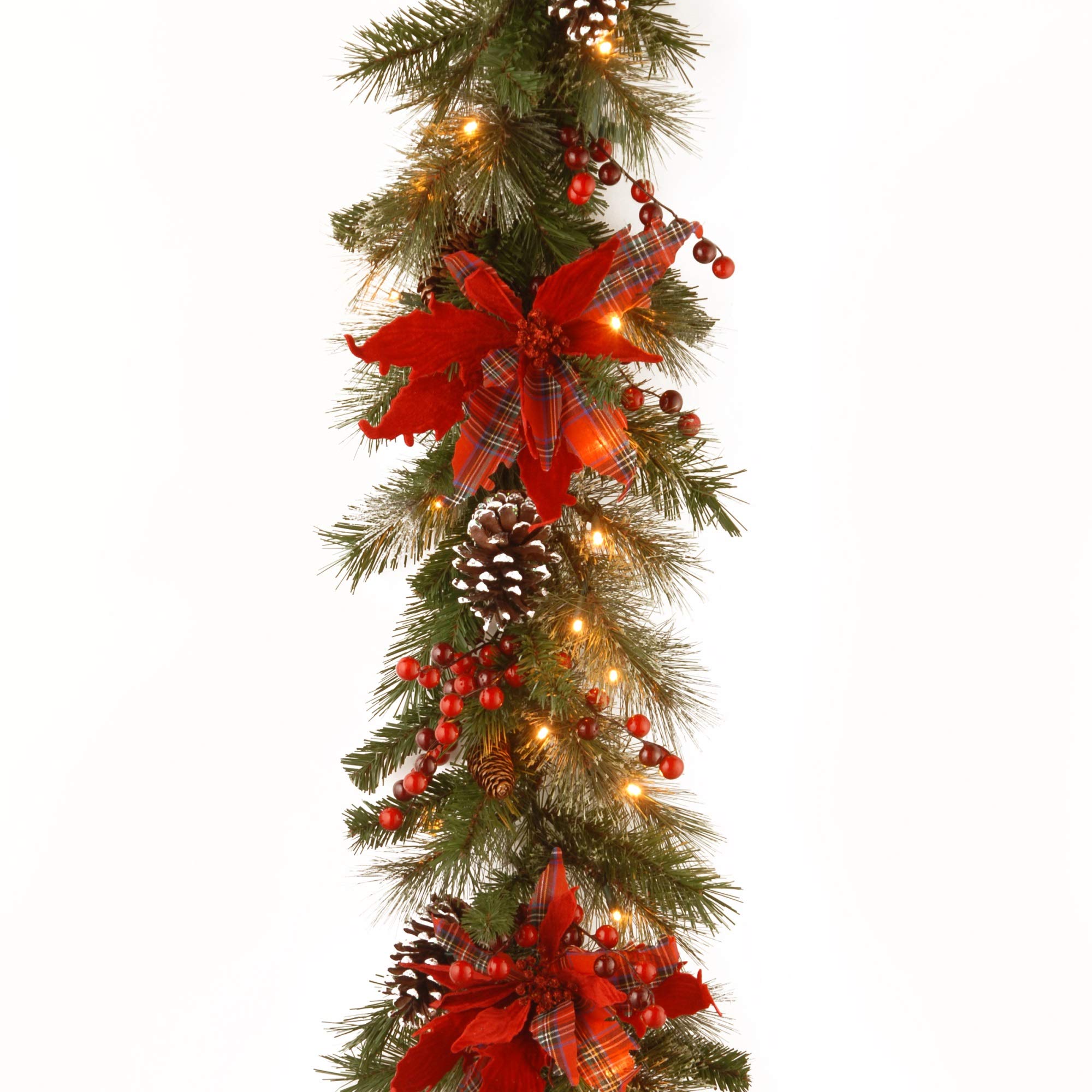 Ergode 9 ft. Tartan Plaid Christmas Garland with Battery Operated Warm White LED Lights - Perfect for Holiday Decor, Fireplace Mantel, and Party Home Decoration