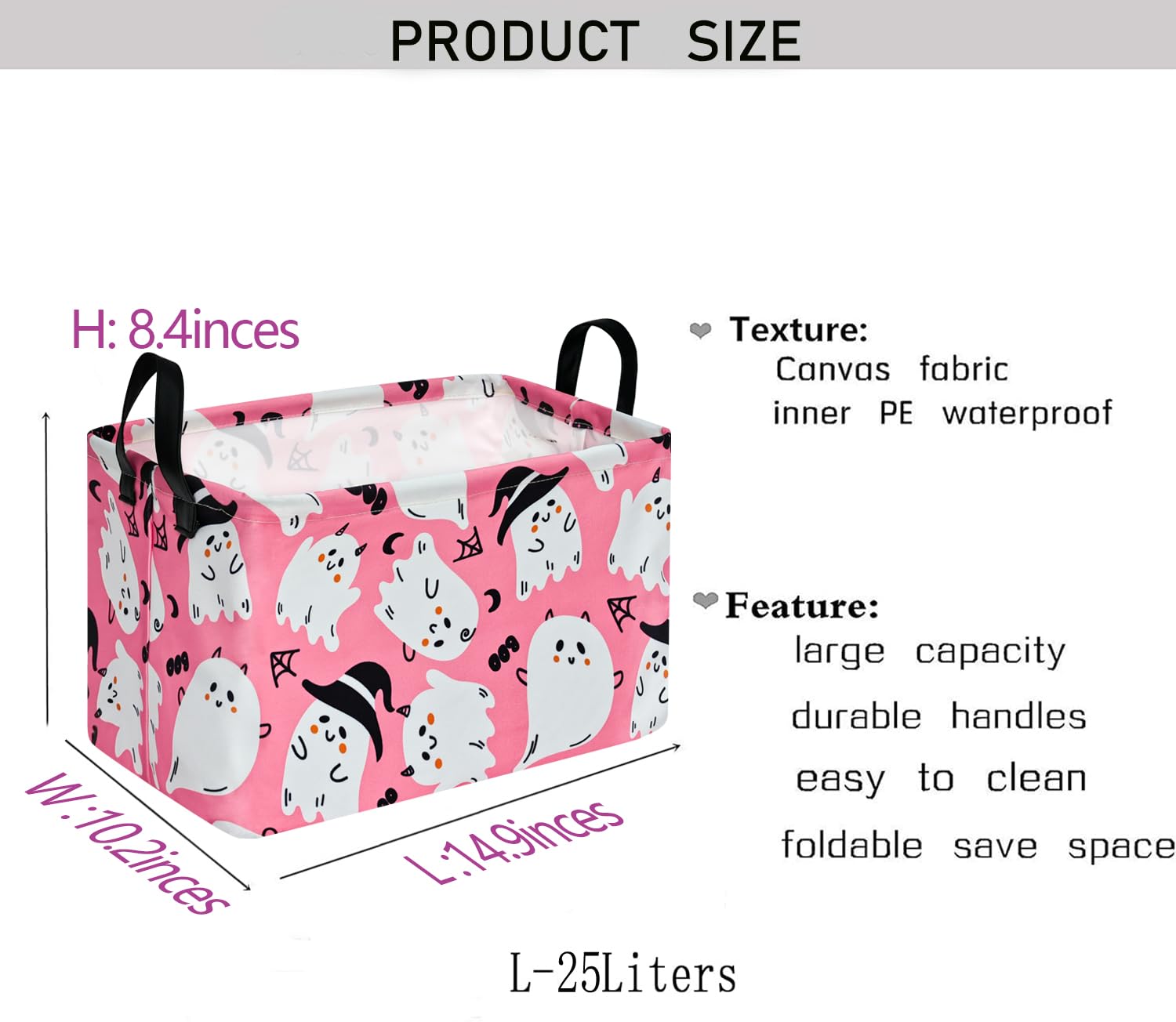 Pink Ghost Pattern Halloween Storage Basket - Canvas Storage Bin with Handles, Rectangle Storage Cube Organizer for Bedroom, Living Room, Office - Perfect for Holiday Decor, Gift Wrapping & Home Organization