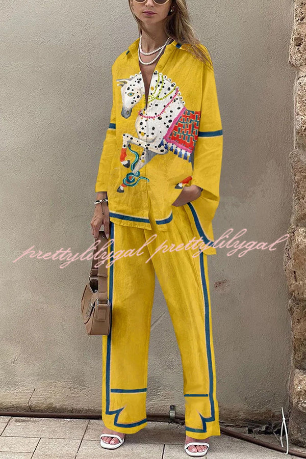 Trendy Horse Print Oversized Long Sleeve Shirt & Stretchy Waist Pocket Pants Set for Women - Casual Outfit for Work, Travel and Everyday Wear
