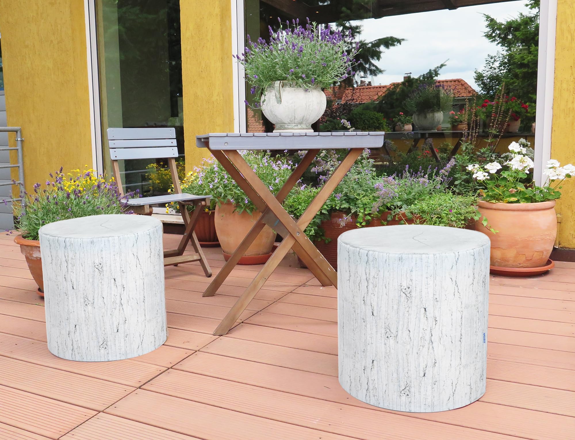 Delsit Woody Outdoor Pouf Ottoman - Waterproof Round Footrest & Seat - Lightweight European-Made Home Decor for Living Room, Patio & Garden - Versatile Indoor/Outdoor Furniture (Birch Print) - Perfect for Lounging, Coffee Table Accent & Extra Guest Seating