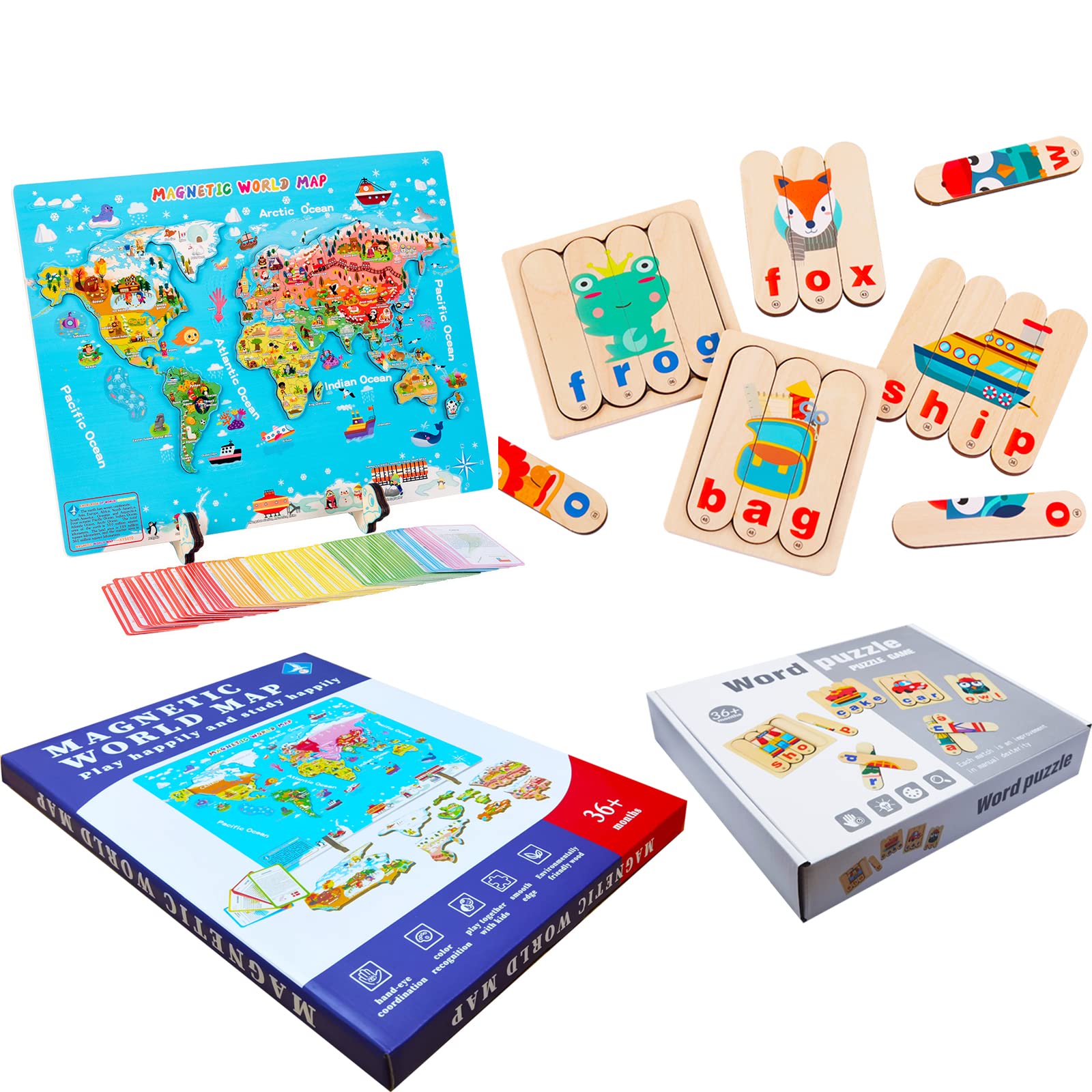 Kids Magnetic Wooden World Map Puzzle & Wooden Alphabet Spelling Learning Toy Set - Educational Geography & Language Games for Toddlers, Preschool Classroom & Homeschool Activities
