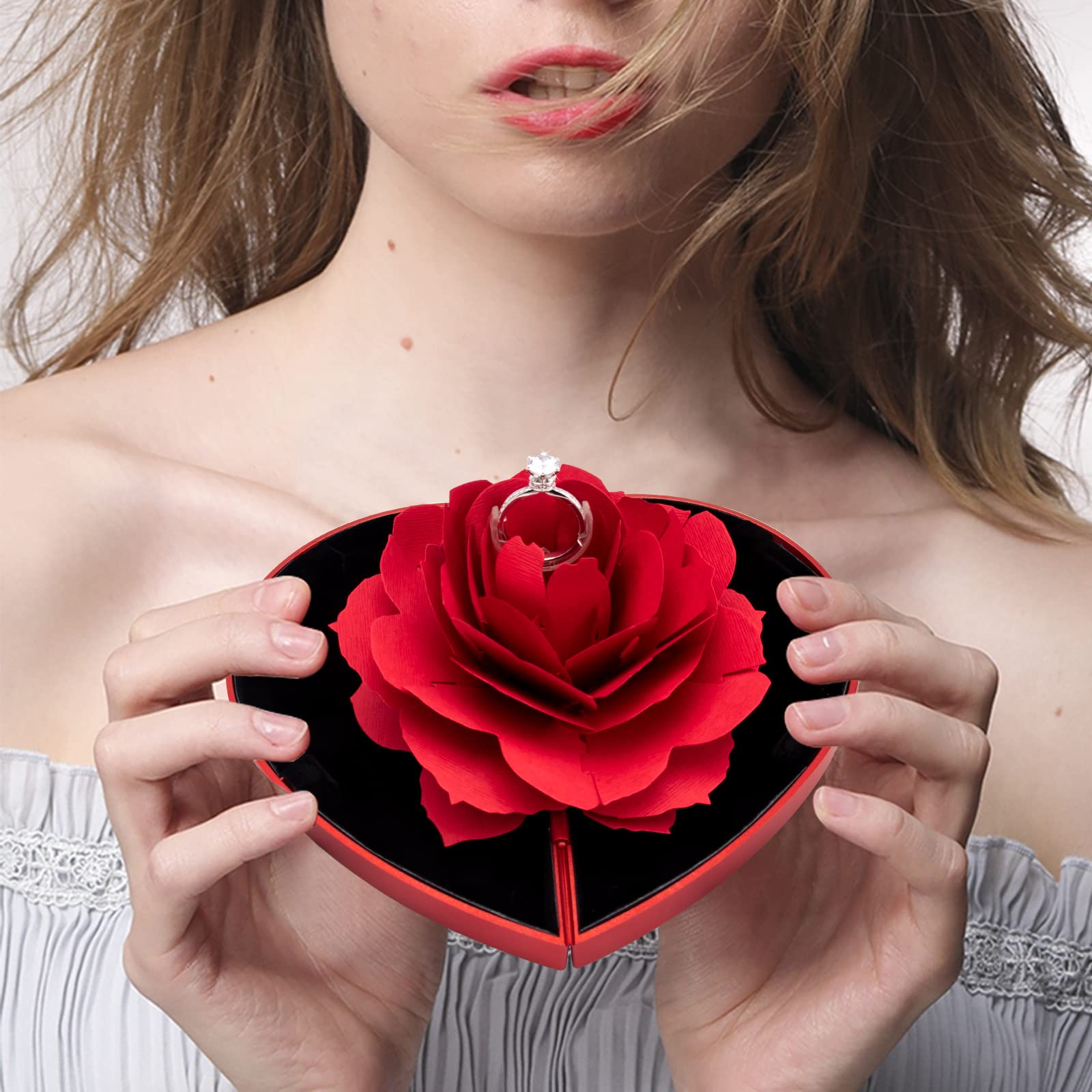 Wonuu Heart Shaped Red Engagement Ring Box - Rose Jewelry Storage Holder for Women, Proposal Wedding Gift - Perfect for Surprise Proposals, Anniversary Gifts & Romantic Moments