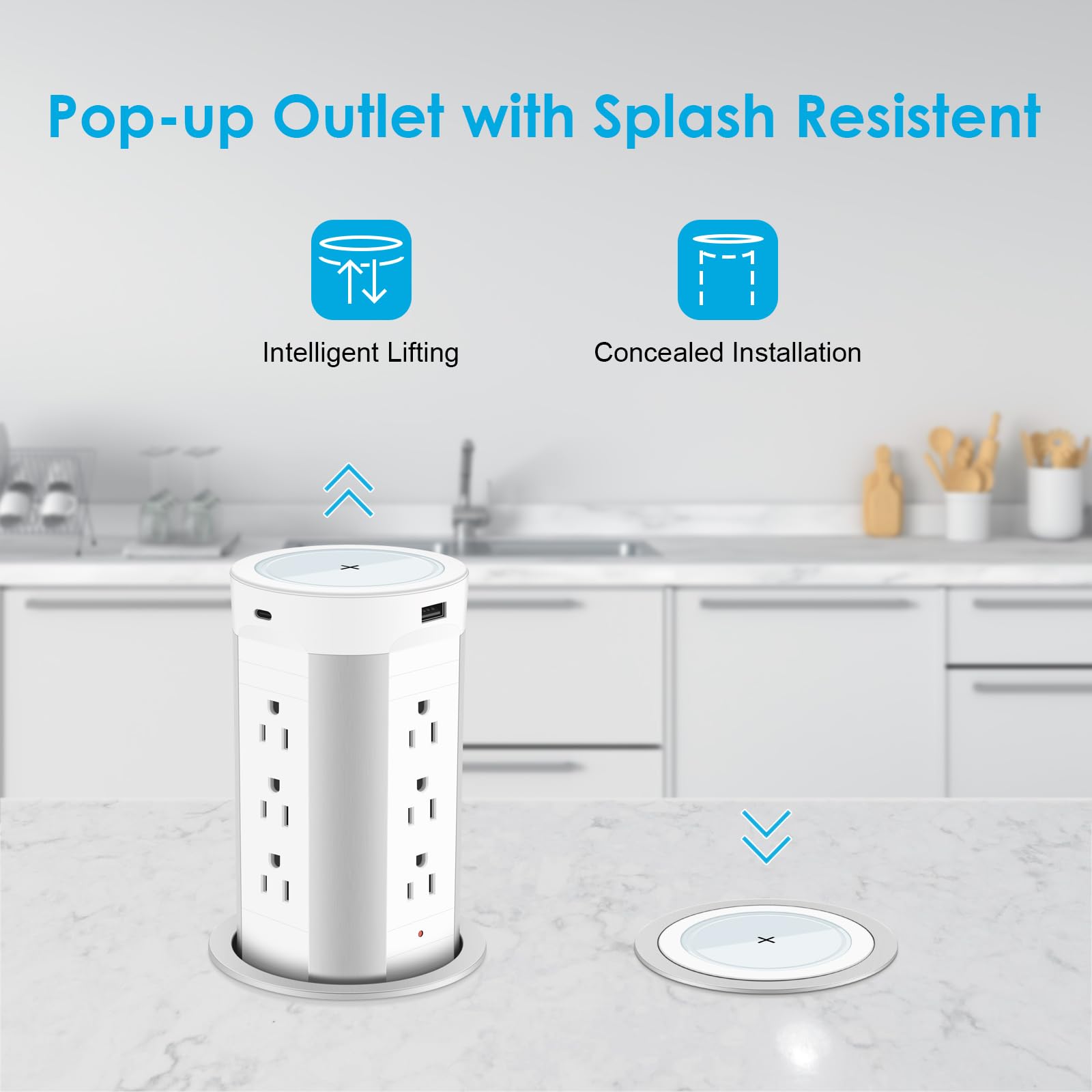 HEZI 4-inch Pop Up Countertop Outlet with 15W Wireless Charger | 45W Power Delivery | 2 USB-A & 2 USB-C Ports | 12 AC Outlets | Tamper Resistant 15A | for Home Office Kitchen Counter Island | Perfect for Charging Phones, Laptops & Small Appliances