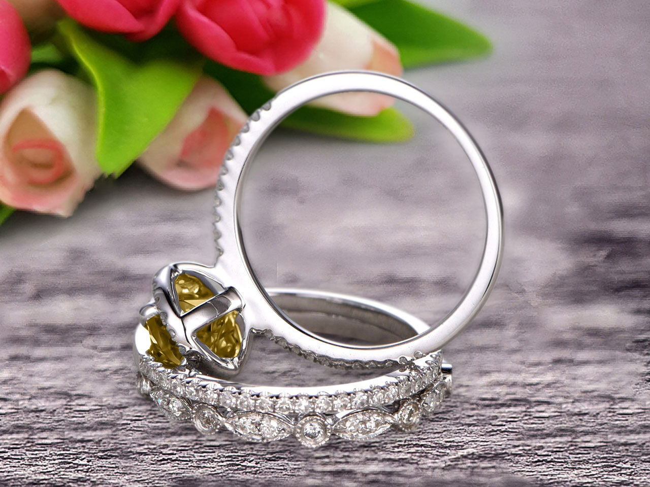2 Carat Oval Cut Champagne Moissanite Engagement Ring - 10k White Gold Vintage Art Deco Style with Matching Band - Perfect for Wedding, Anniversary & Proposal Gifts - Elegant Jewelry for Special Occasions