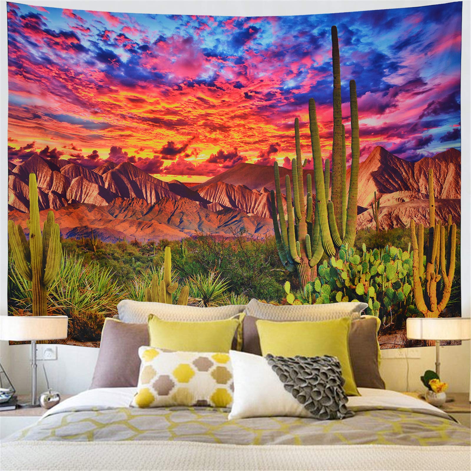 Generleo Mountain Desert Cactus Sunset Clouds Psychedelic Tropical Plants Wall Art - Vibrant Boho Wall Hanging for Bedroom, Living Room & Dorm Decor | Perfect for Bohemian Home Decor & Hippie Aesthetic