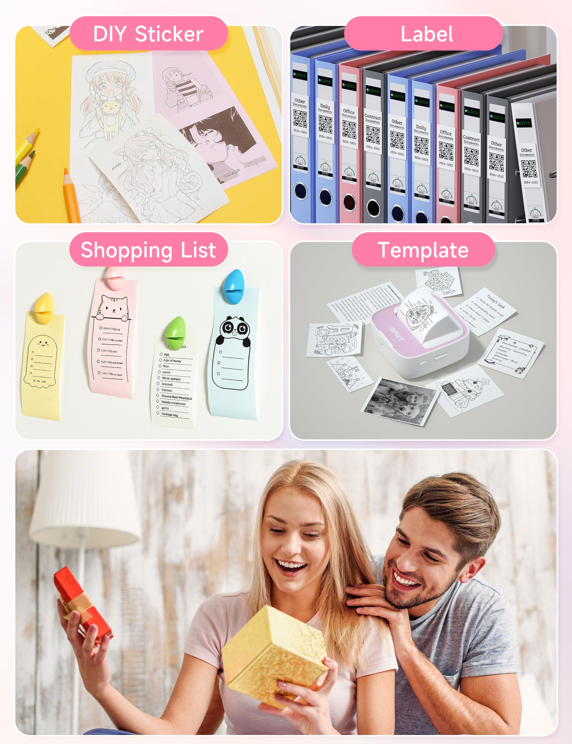 iDPRT Mini Thermal Sticker Printer with 1 Roll Sticker Paper - Portable Label Maker for Study Notes, DIY Crafts, Photos & Organization - Free App with Multiple Templates (Pink) | Perfect for School, Office, Home & Creative Projects