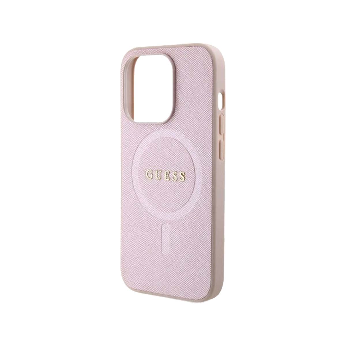 Guess Saffiano Leather MagSafe Phone Case for iPhone 15 Pro - Pink | Slim Protective Cover with Magnetic Alignment | Perfect for Work, Travel & Everyday Use