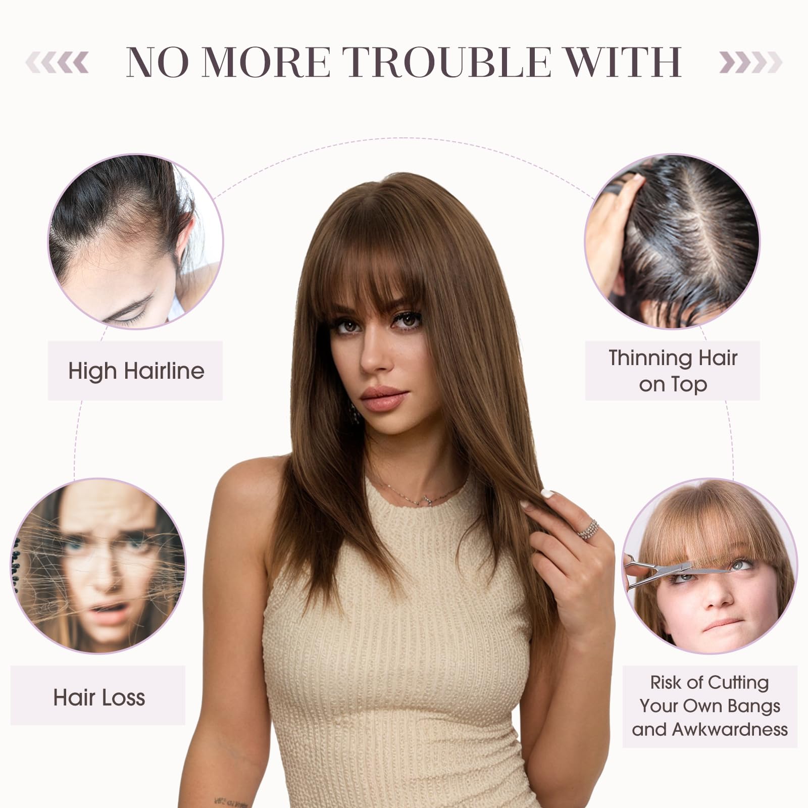 100% Human Hair Toppers with Bangs for Women - 14 Inch Mocha Brown Clip-in Hairpiece (2.8