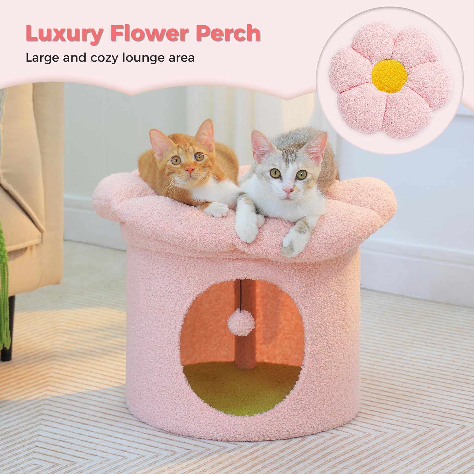 Cozy Pink Cat Bed for Indoor Cats - Small Pet Tree House with Removable Flower Design, 20x20x16 Inch Hideaway & Condo | Perfect for Napping, Playtime & Home Decor