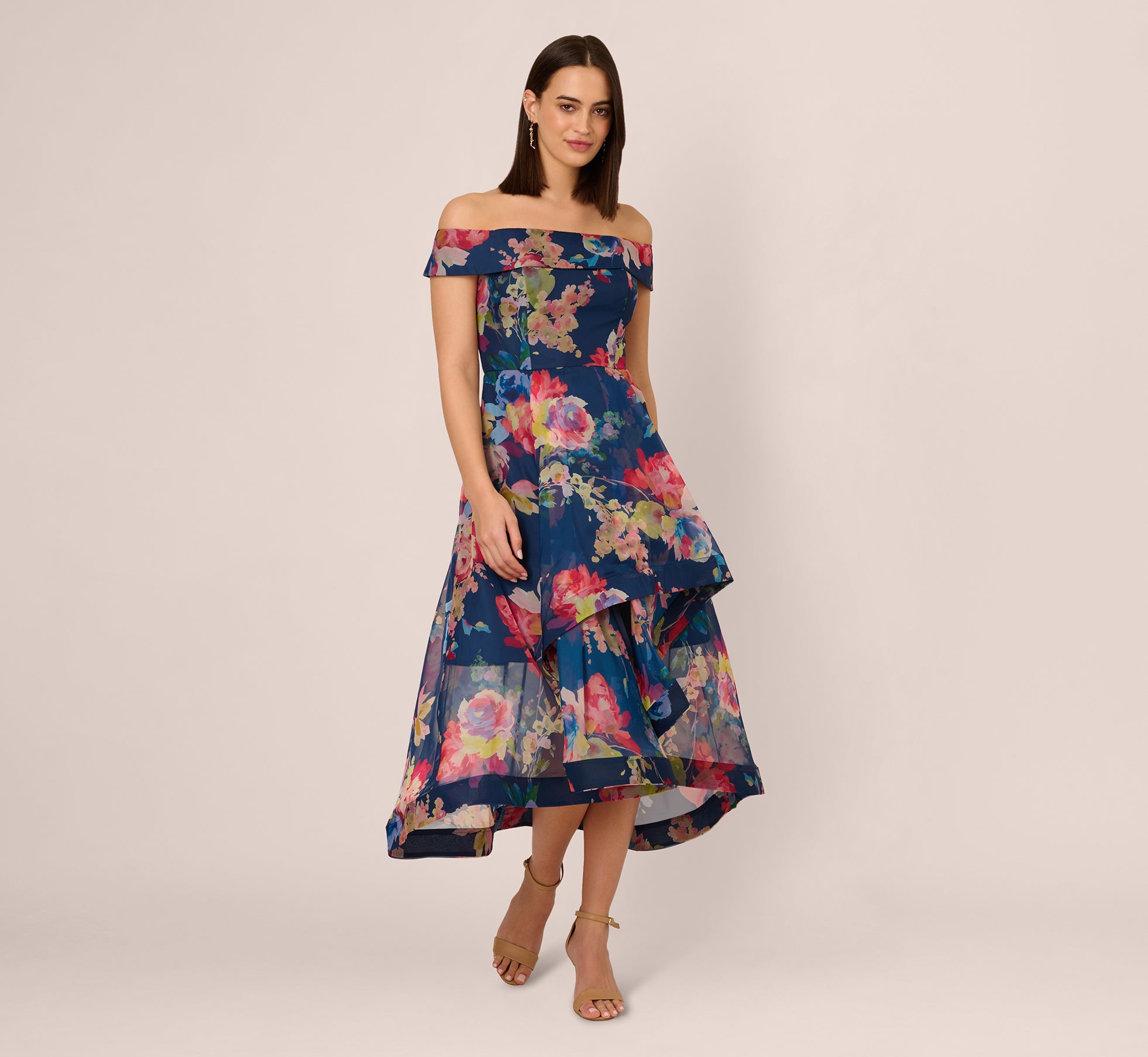 Navy Blue Floral Off Shoulder Organza High-Low Dress for Women - Perfect for Weddings, Parties & Special Occasions