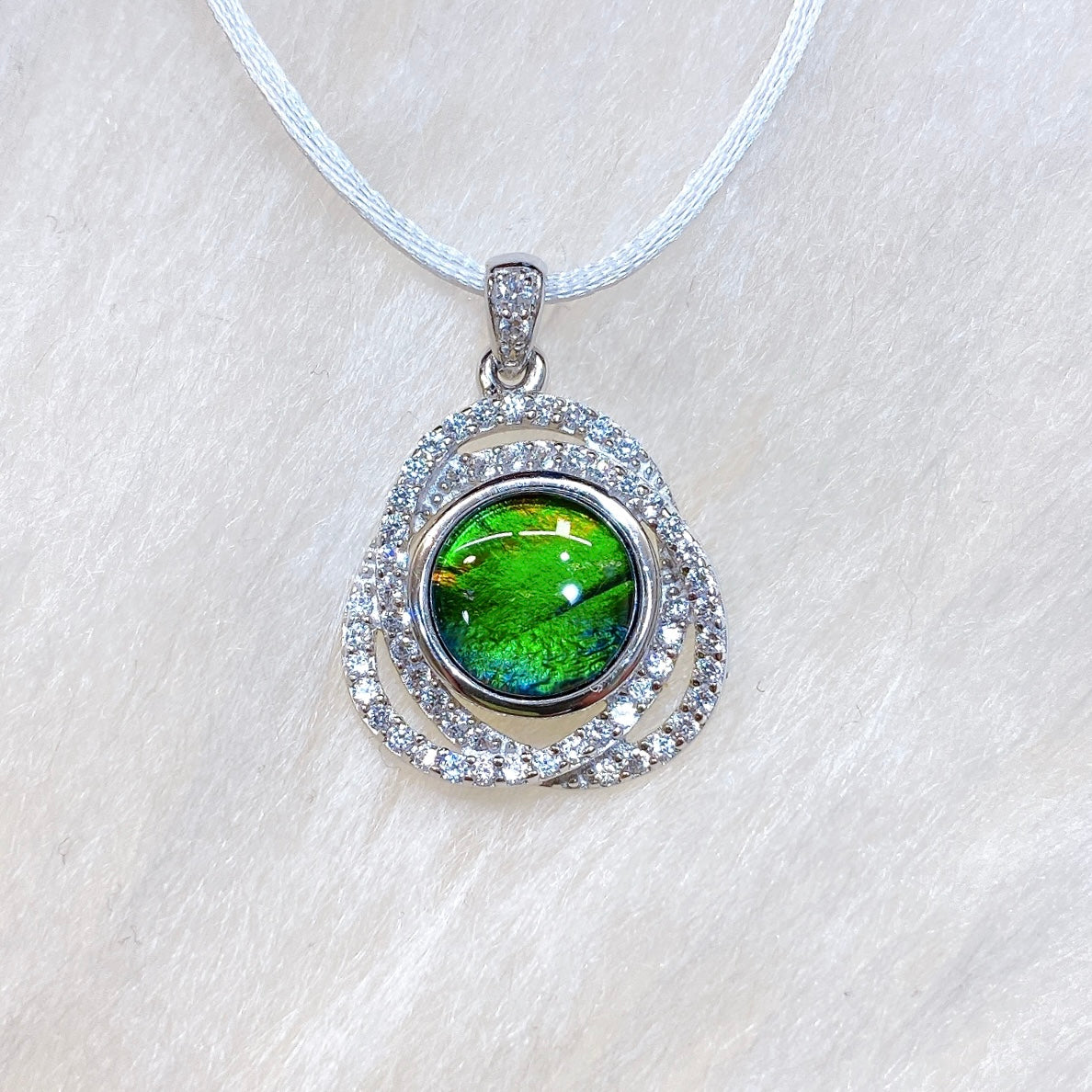 Sterling Silver Round Ammolite Pendant Necklace with Genuine Swarovski Crystals - Elegant Jewelry Gift for Women, Perfect for Weddings, Parties & Special Occasions