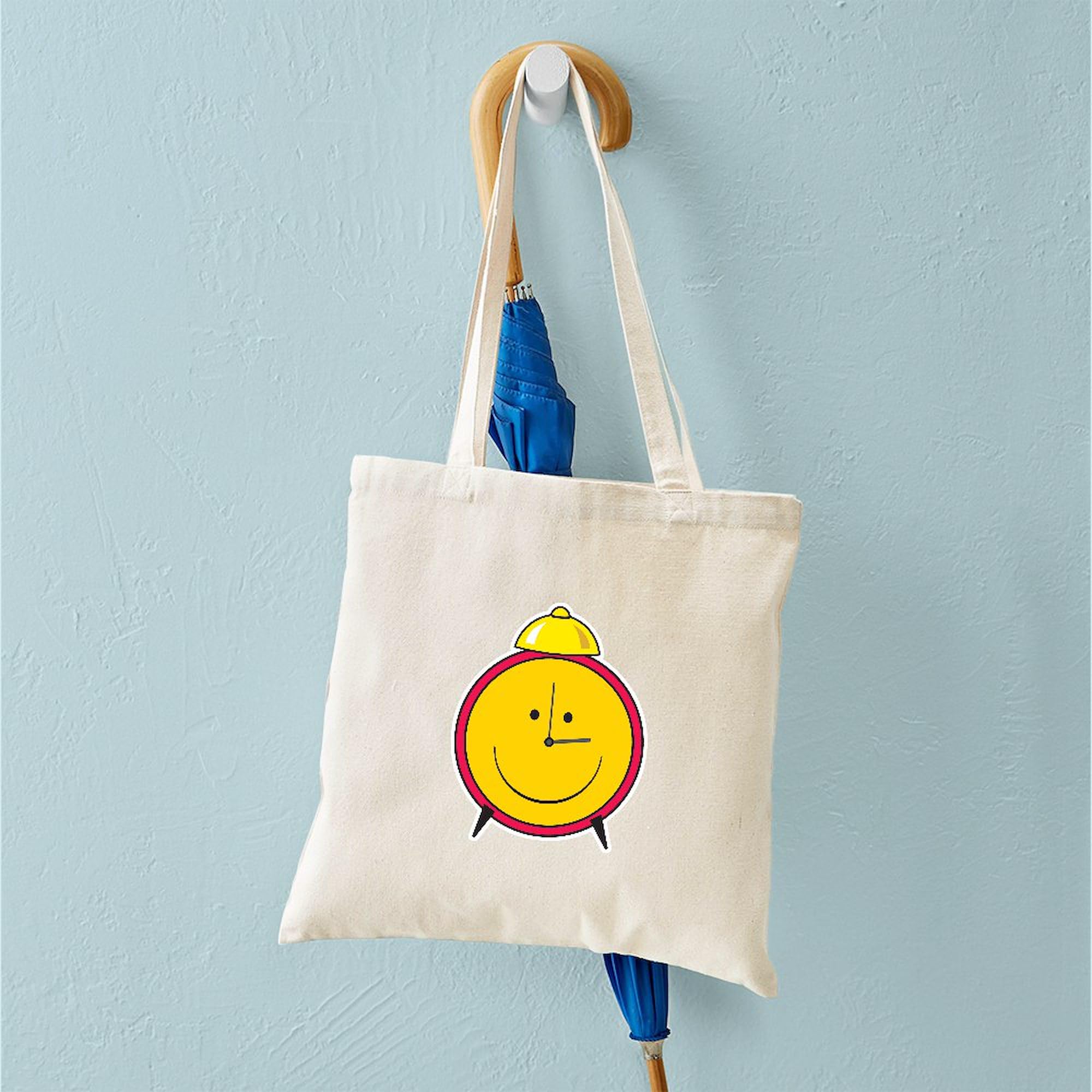 Smiley Face Alarm Clock Tote Bag - Natural Canvas Reusable Shopping Bag for Groceries, Beach & Daily Use | Eco-Friendly Cotton Tote with Unique Design