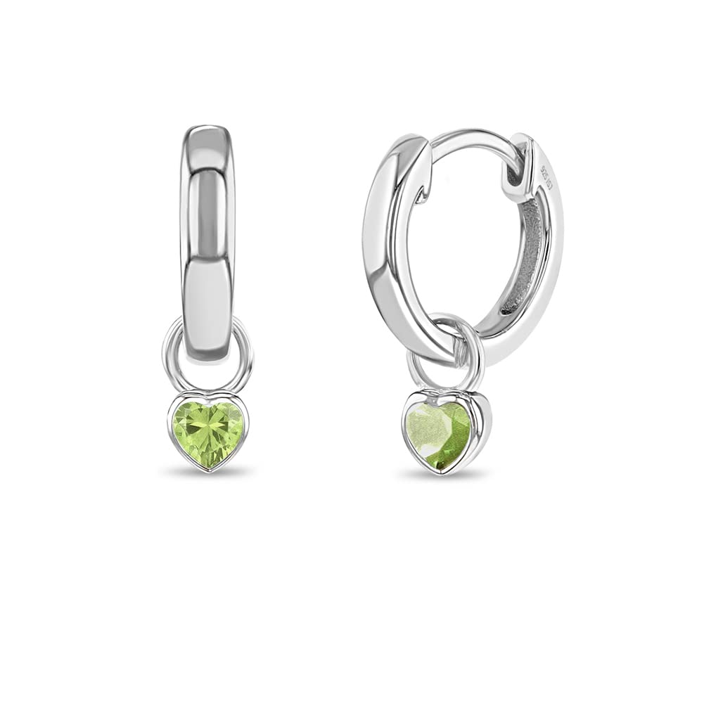 925 Sterling Silver Petite Simulated Birthstone Heart Charm Hoop Earrings for Girls 12mm - Cubic Zirconia CZ Stud Earrings - Dainty Birthstone Jewelry for Teens - Perfect for Birthdays, Gifts & Everyday Wear