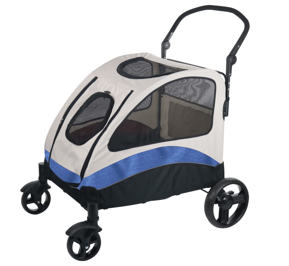 Foldable 4-Wheel Dog Stroller for Large Dogs or 2 Small Dogs - Jogger Wagon Pet Carrier with Easy Walk-In/Out Design, Supports Up to 100 lbs (Blue) - Perfect for Travel, Shopping & Outdoor Adventures