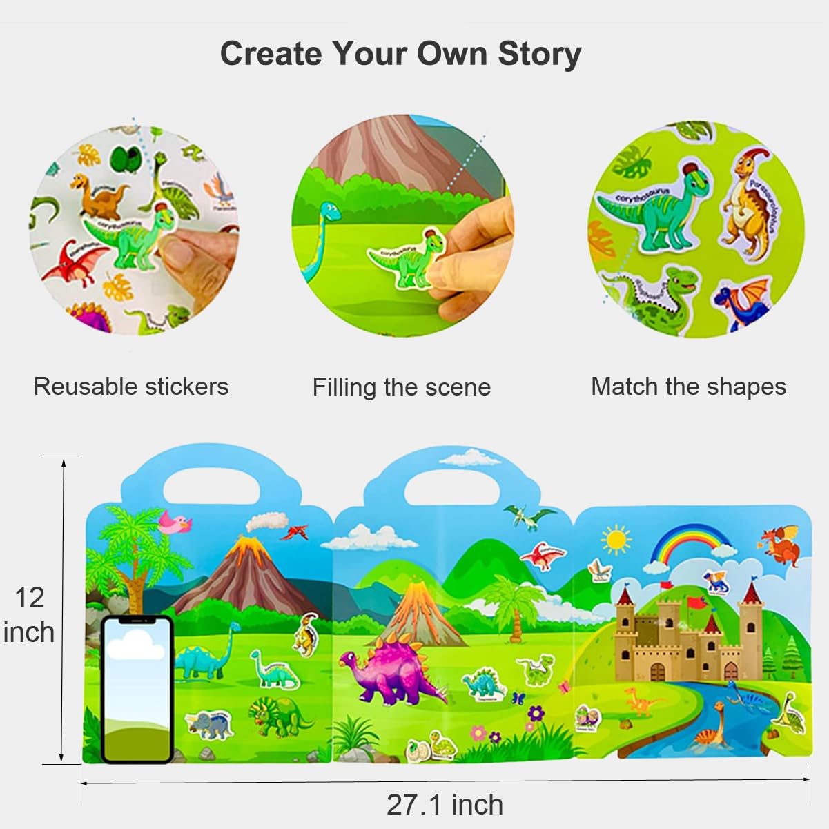 Reusable Sticker Books for Kids - Dinosaur Sticker Activity Books for Toddlers Ages 3-5, Educational Learning Toys for Boys & Girls, Perfect Birthday Gifts & Travel Entertainment for Preschoolers