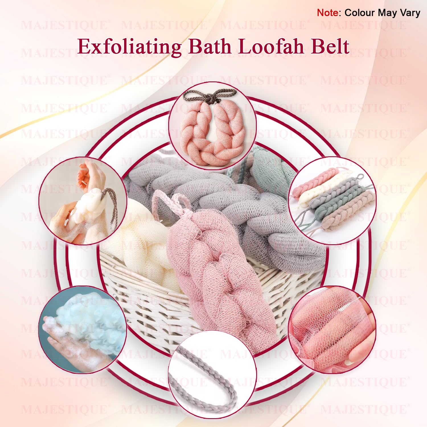 Majestique Exfoliating Loofah Belt for Shower & Bath - Stretchable Braided Mesh Back Scrubber, Soft Body Wash Sponge for Women & Men - Perfect for Deep Cleansing & Skin Exfoliation - Pack of 3 Multicolor