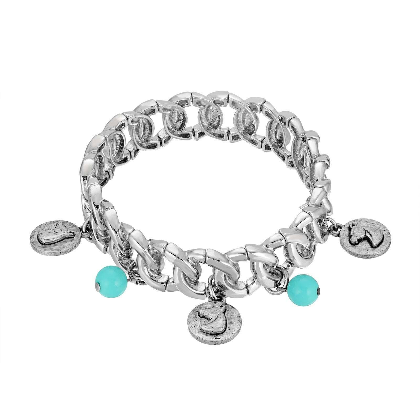 1928 Turquoise Bead Stretch Bracelet with Horse Head Charm - Boho Jewelry for Women, Perfect for Western Fashion, Cowgirl Outfits & Festival Accessories