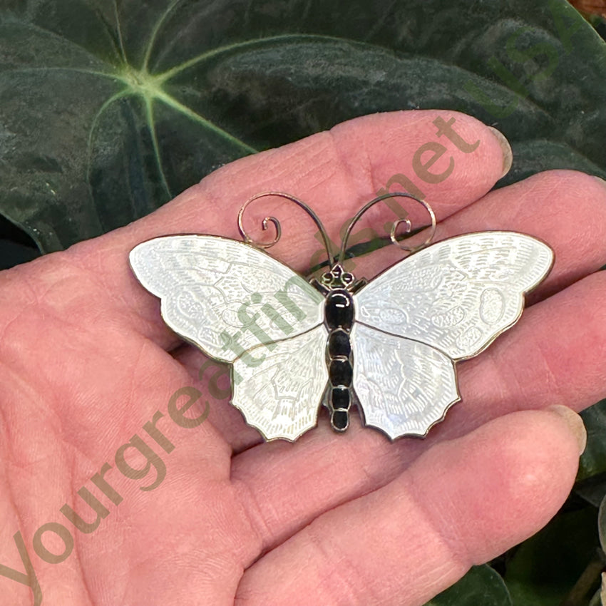 Vintage David Andersen 925 Sterling Silver Guilloche Enamel Butterfly Brooch Pin - Elegant White Butterfly Jewelry for Women, Perfect for Weddings, Parties & Special Occasions