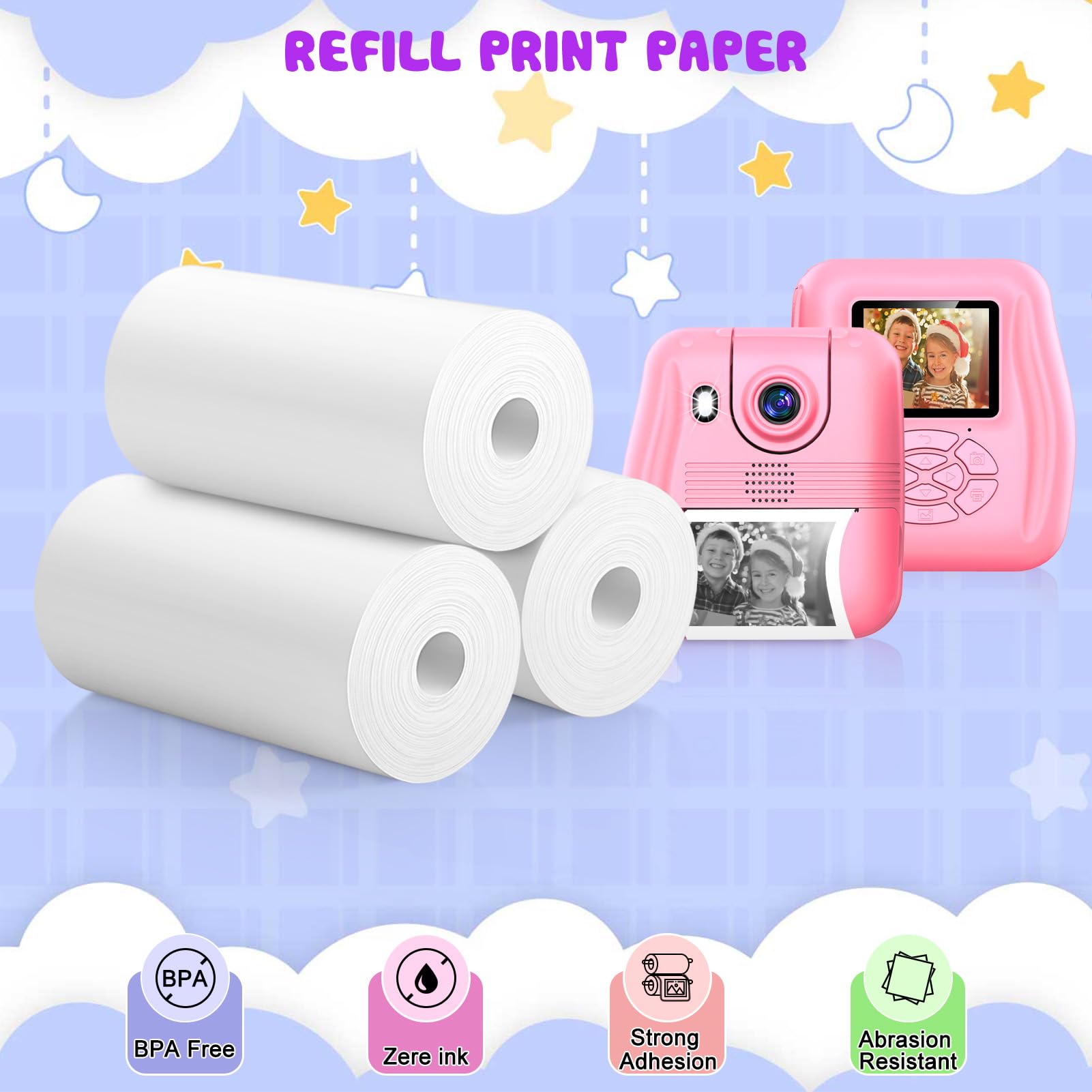 Kids Instant Print Camera with 6 Rolls of Print Paper - Fun & Easy-to-Use Toy Camera for Children's Birthday Parties, Travel & Creative Play