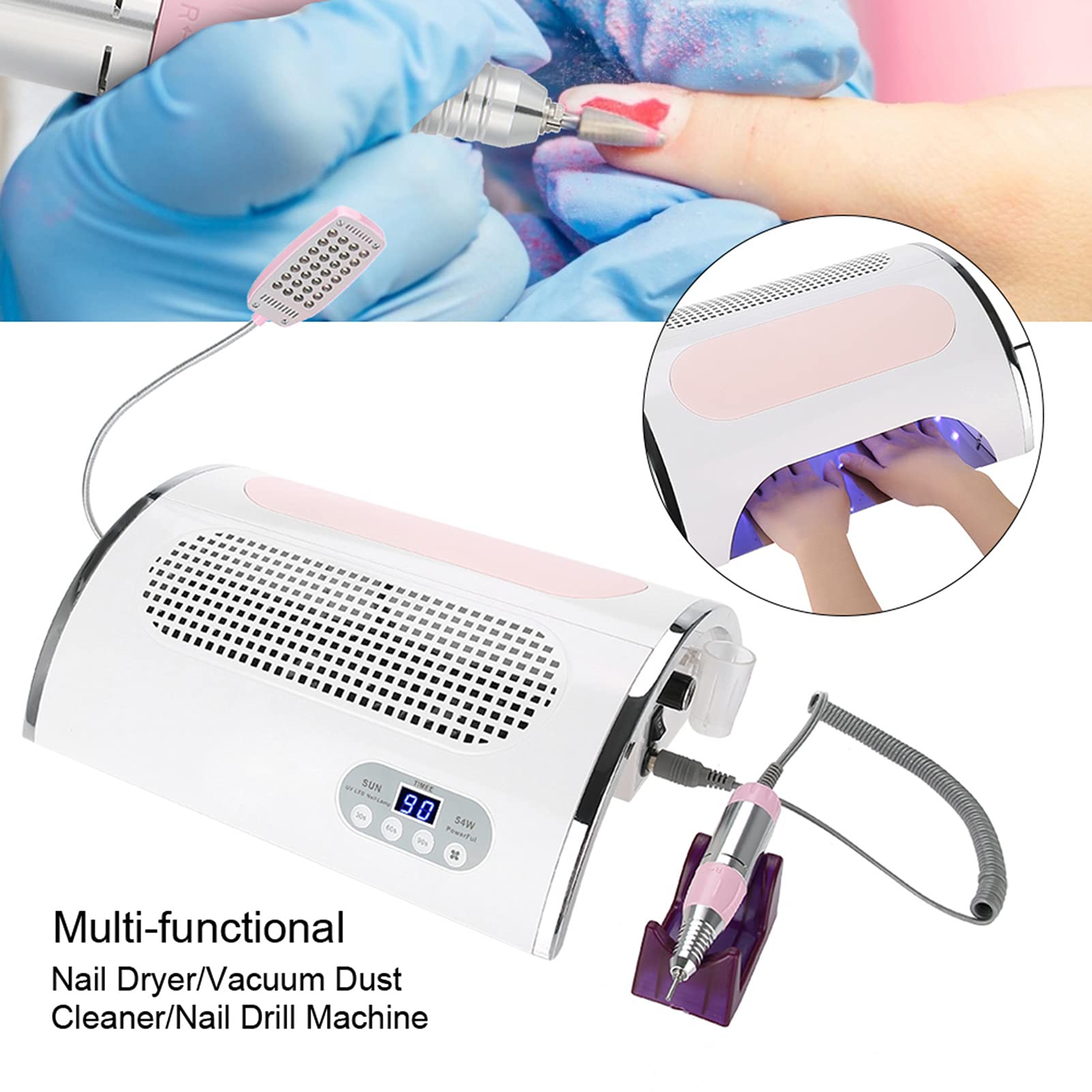 Professional 54W Electric Nail Drill Machine with LED Light & Vacuum System - 3-in-1 Manicure Pedicure Kit for Salon & Home Use - Dust Collector with 3 Cooling Fans for Nail Art, Acrylics & Gel Extensions