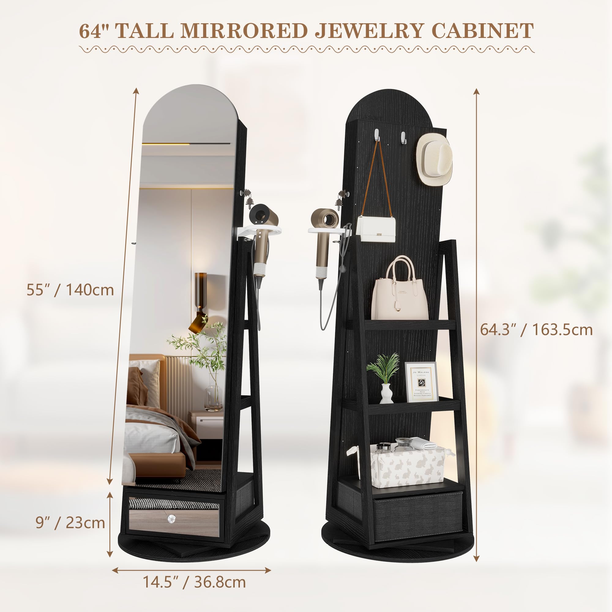 360° Swivel Arched Jewelry Mirror Cabinet with LED Lights - 64