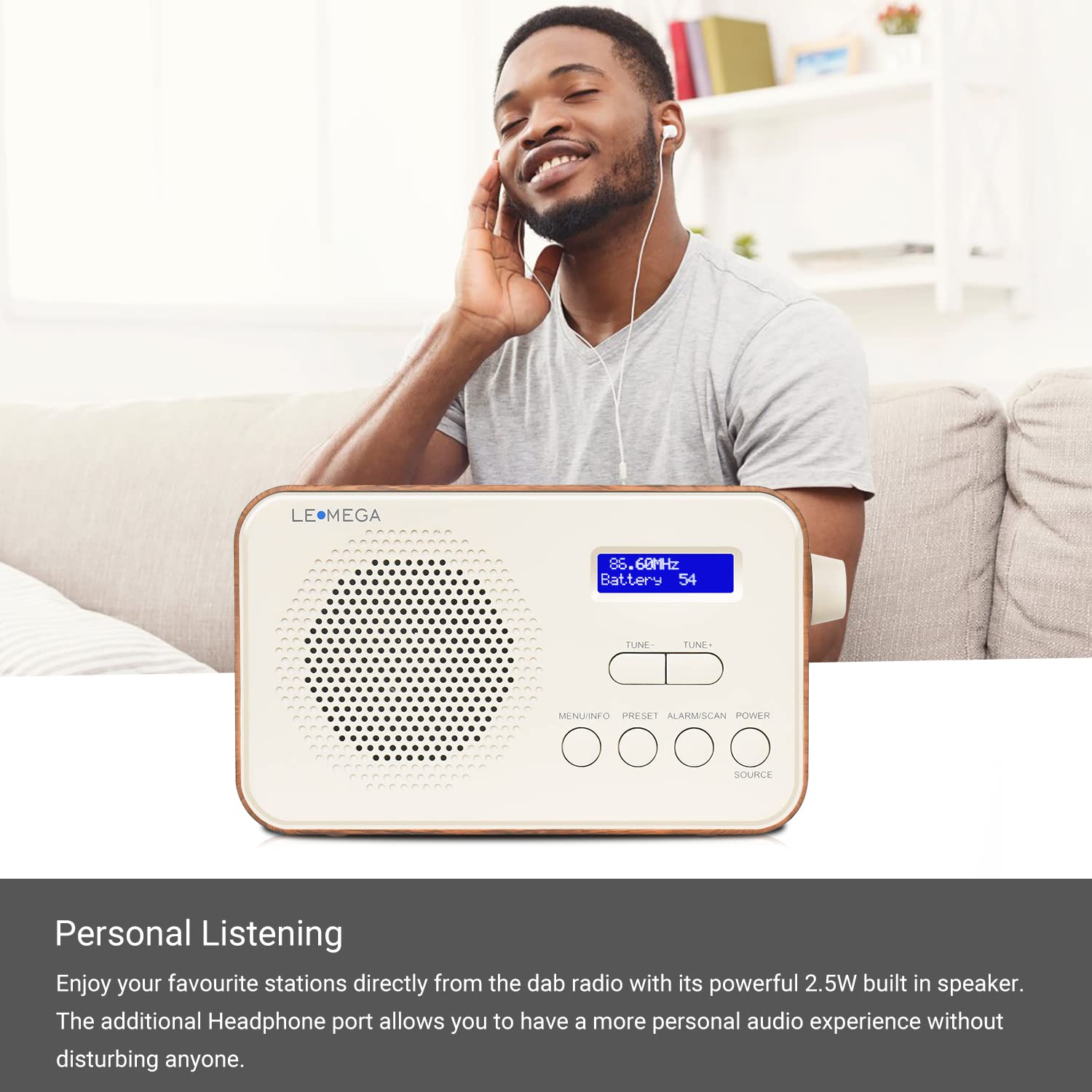 LEMEGA PR2 Portable Digital Dab/Dab+ FM Radio with Alarm Clock, 40 Preset Stations, Headphone Jack - Compact Pocket Size for Travel, Home, Office - Battery or Mains Powered (Walnut)