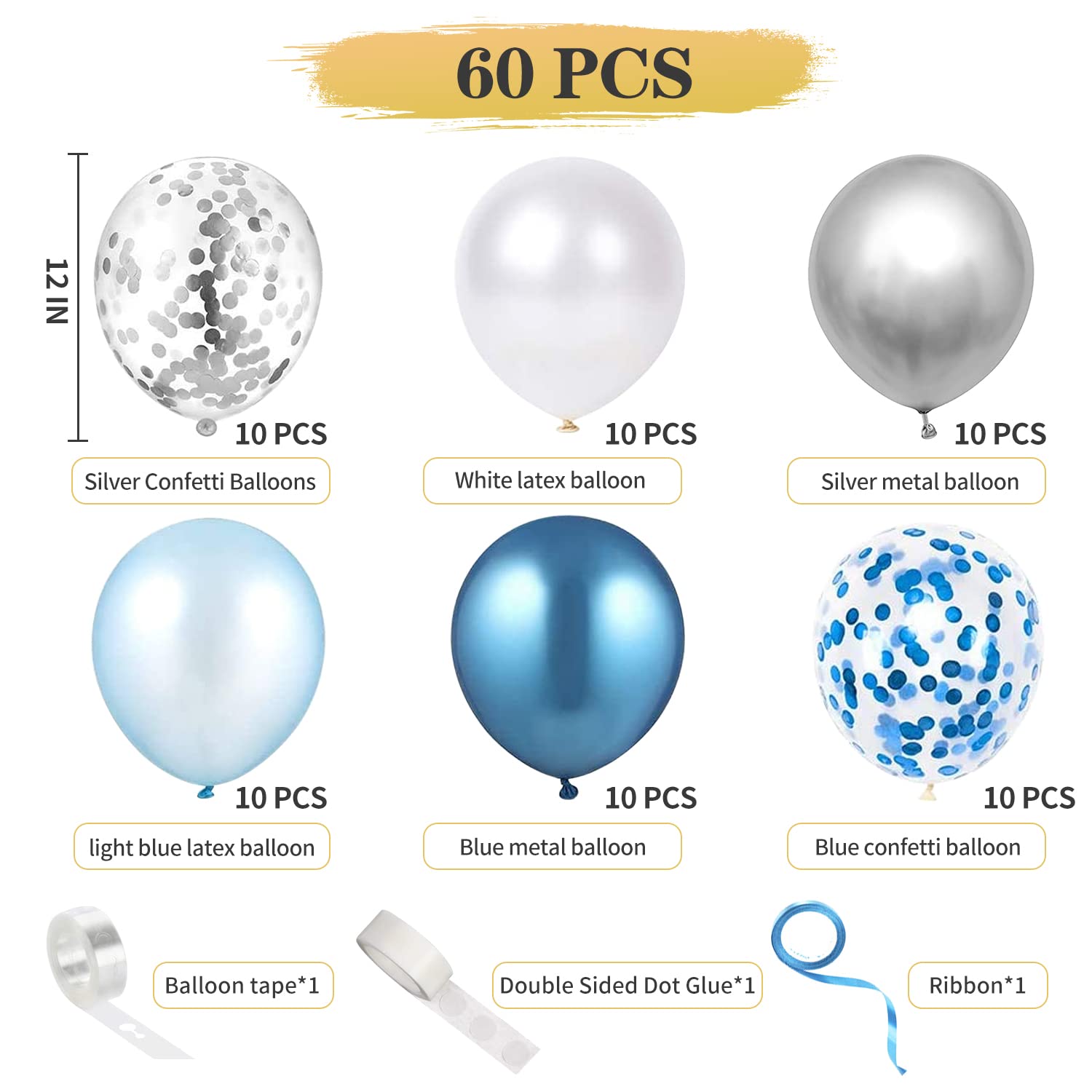 60 PCS Blue Silver White Confetti Balloons 12 Inch - Metallic Party Balloons for Birthday, Baby Shower, Graduation Decorations - Perfect for Indoor & Outdoor Celebrations, Photo Backdrops, and Event Decor