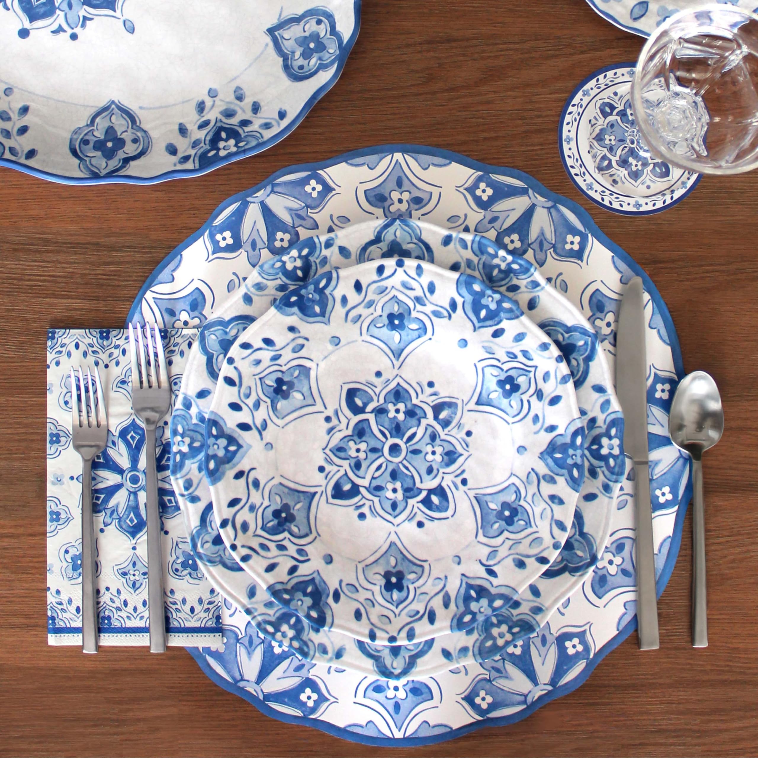 Le Cadeaux Melamine Bowl and Tray Gift Set - Moroccan Blue Design, Durable and Stylish for Serving, Entertaining, and Home Decor