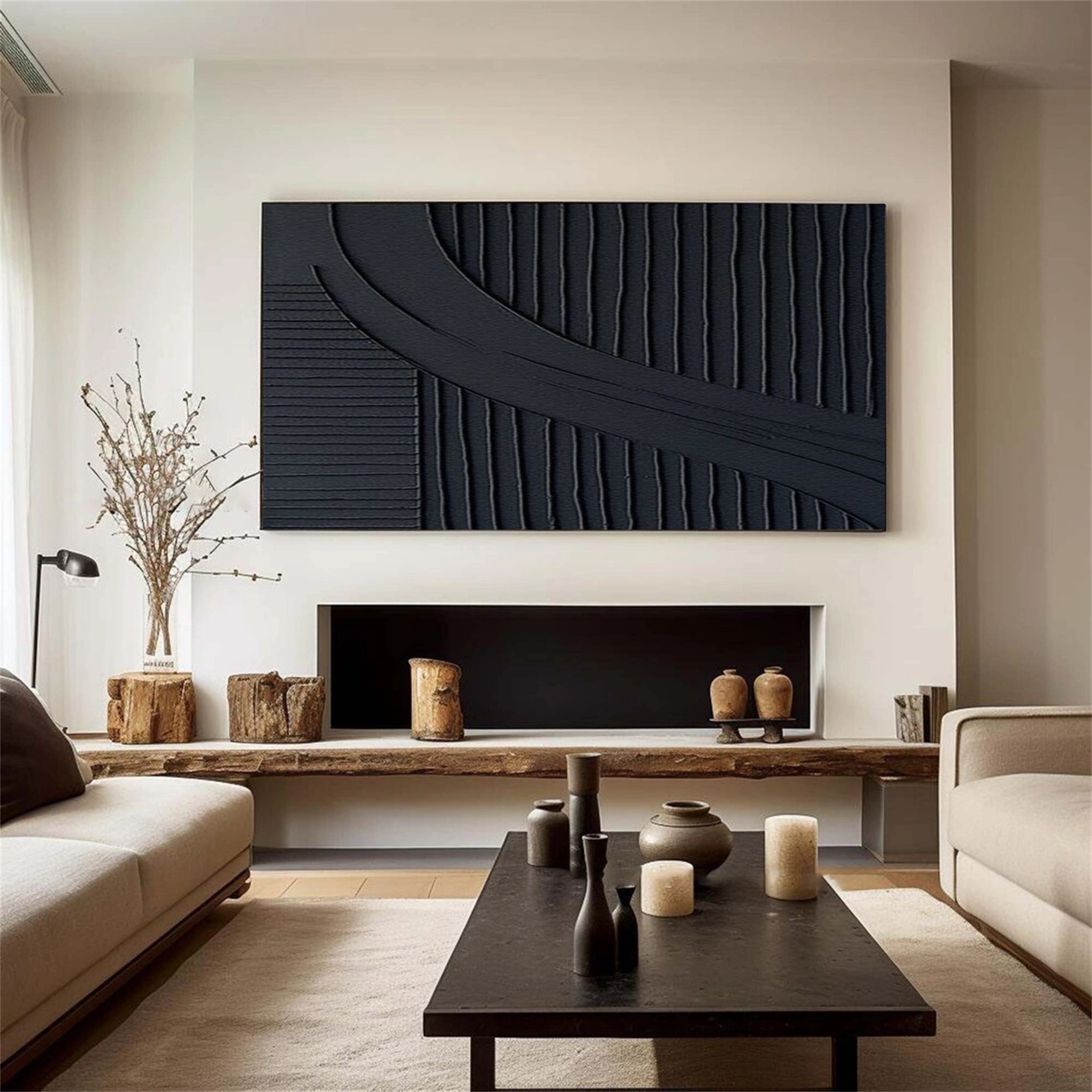 Black Plaster Art Minimalist Textured Painting - Modern Abstract Wall Decor for Living Room, Bedroom & Office - #MZ063