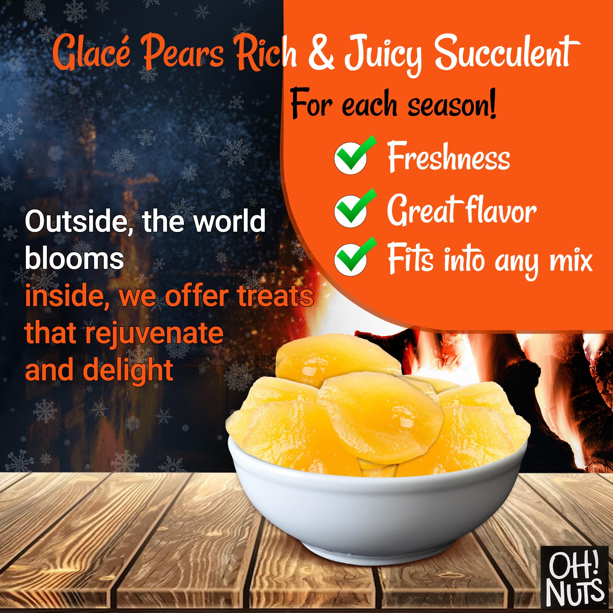 Oh! Nuts Glacé Pears - Rich & Juicy Dried Fruit Snacks - 1 lb Bag of Sweetened Dehydrated Candied Pears - Perfect for Baking, Trail Mix & Healthy Snacking - Packed in Resealable Zip Bag for Freshness