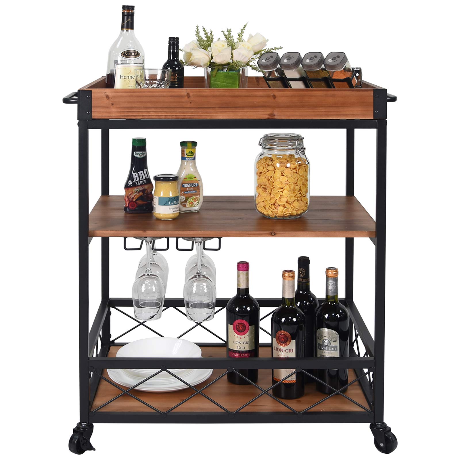 Solid Wood Bar Serving Cart with Wine Glass Rack & Lockable Casters - Rustic Brown Rolling Kitchen Storage Cart for Home, Party & Entertaining