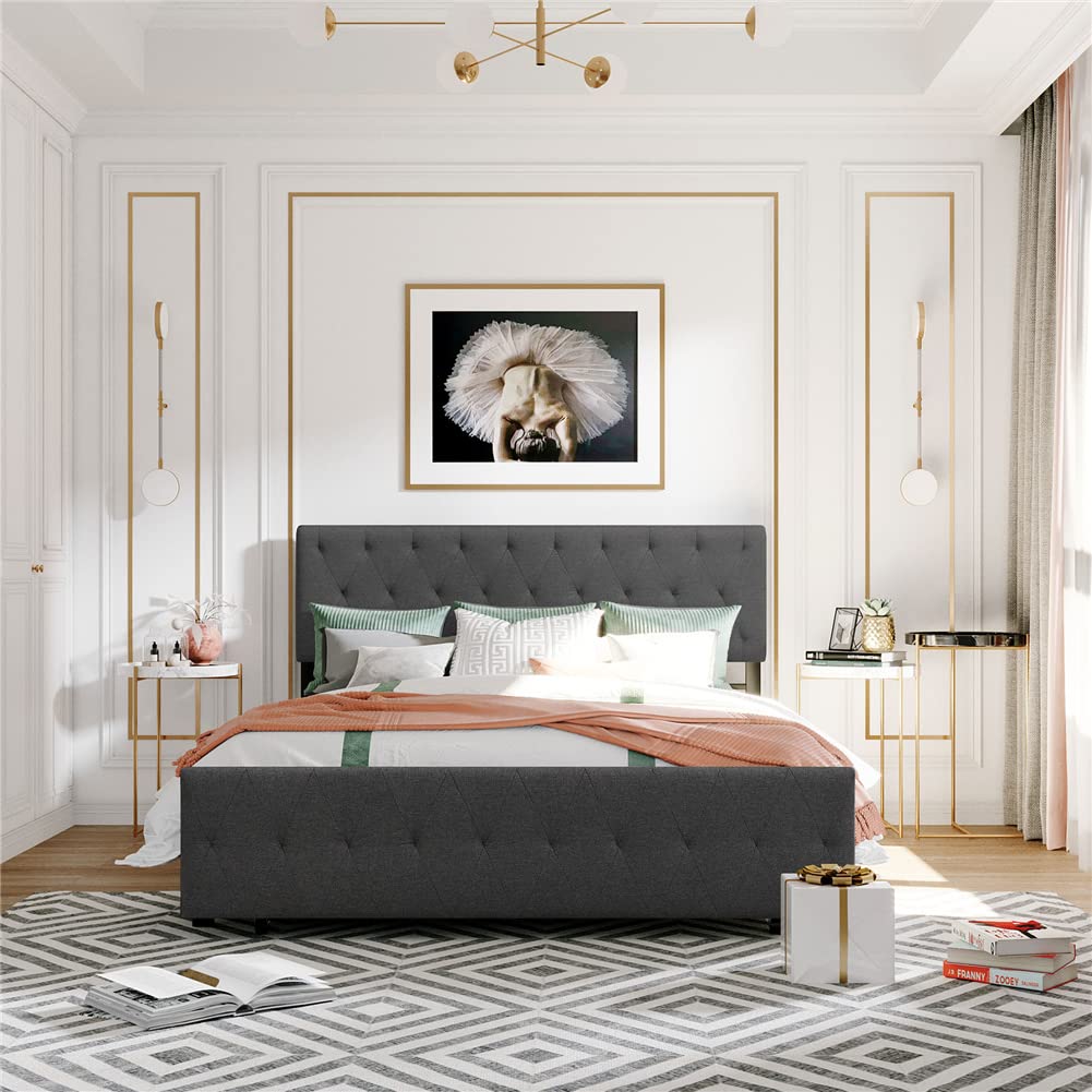 Modern Metal Platform Bed Frame with Drawer & Linen Upholstered Headboard - No Box Spring Needed | Sturdy Support for Queen/King Size Mattress | Perfect for Contemporary Bedrooms & Guest Rooms