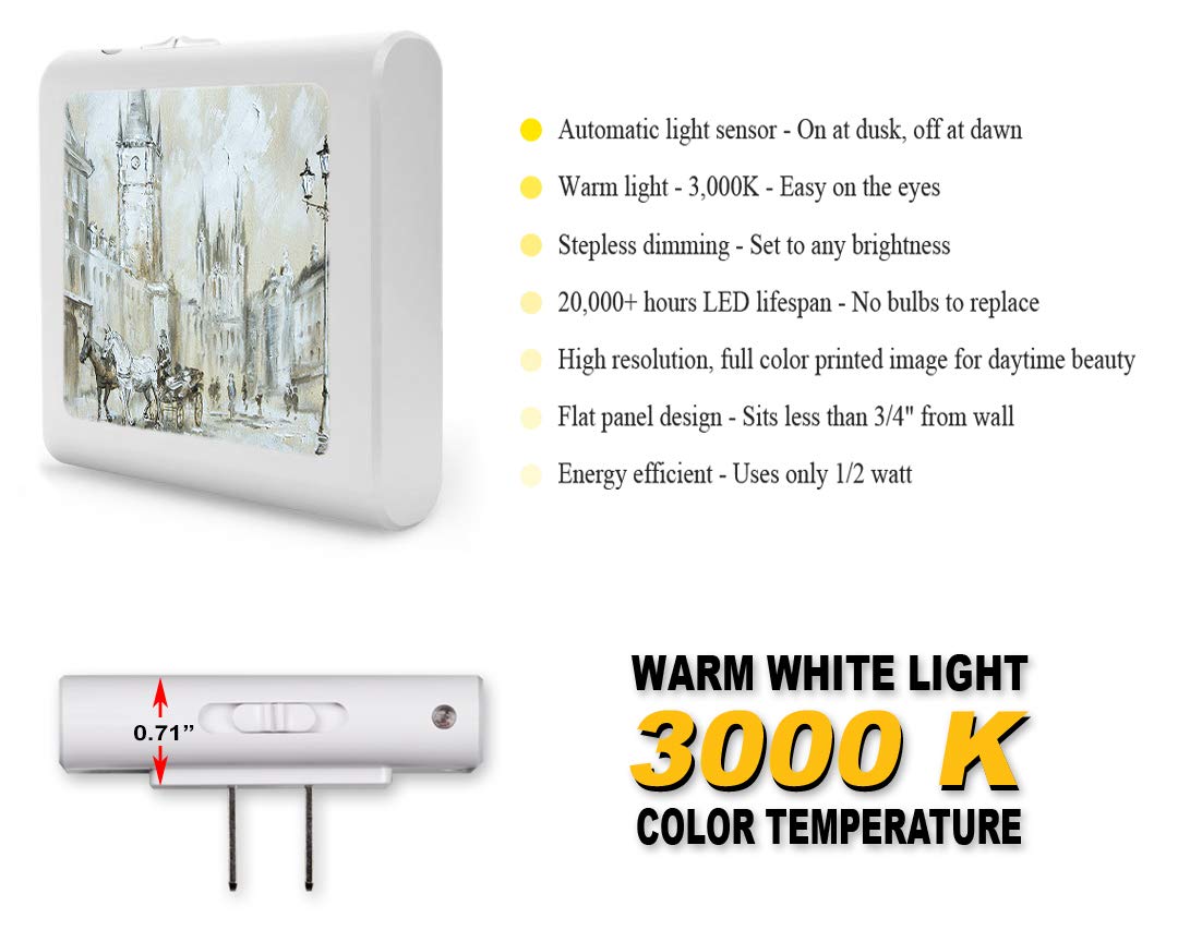 Dimmable LED Night Light with Auto On/Off Sensor - Adjustable Brightness & Warm White Light for Bathroom, Hallway, Nursery & Bedroom - Horse Carriage Design (Perfect for Nighttime Safety & Kids' Rooms)