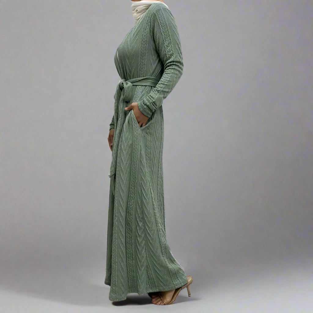 Elegant Winter Knit Open Front Cardigan Abaya Dress for Muslim Women - Pockets Included | Perfect for Prayer, Modest Fashion & Layering