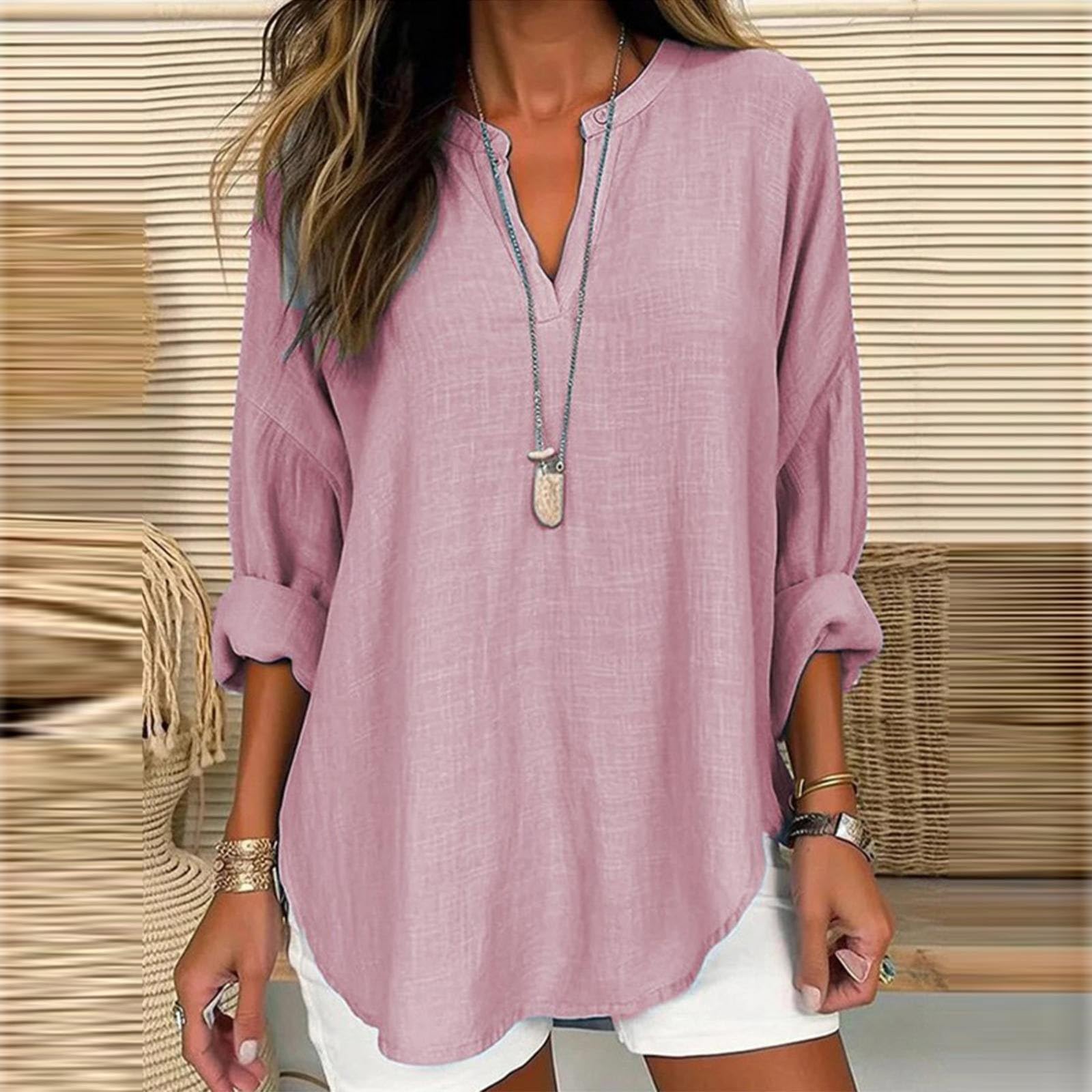 GIERIDUC Women's Long Sleeve Oversized T-Shirt - Side Slit Loose Casual V-Neck Tunic Top with Roll-Up Sleeves | Soft Blouse for Everyday Wear, Work & Weekend Outfits