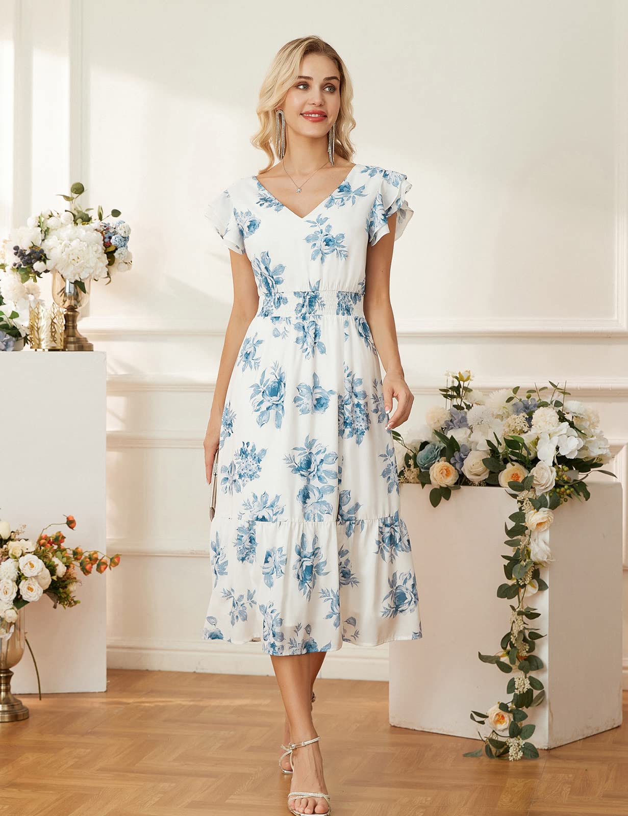 GRACE KARIN Women's V-Neck Ruffled Sleeve Summer Dress 2025 | Flowy Split Tiered Midi Dress for Wedding Guest & Cocktail Parties | Beach Vacation, Date Night, Office Wear