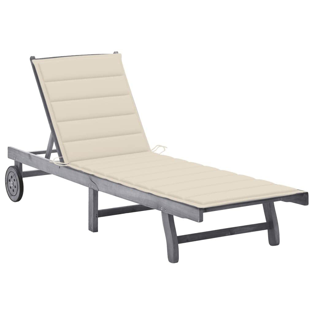 Premium Outdoor Sun Lounger with Cushion - Solid Acacia Wood Beach Chair for Poolside, Backyard & Patio - Water-Resistant Gray Daybed for Relaxing in Sun, Garden or Deck