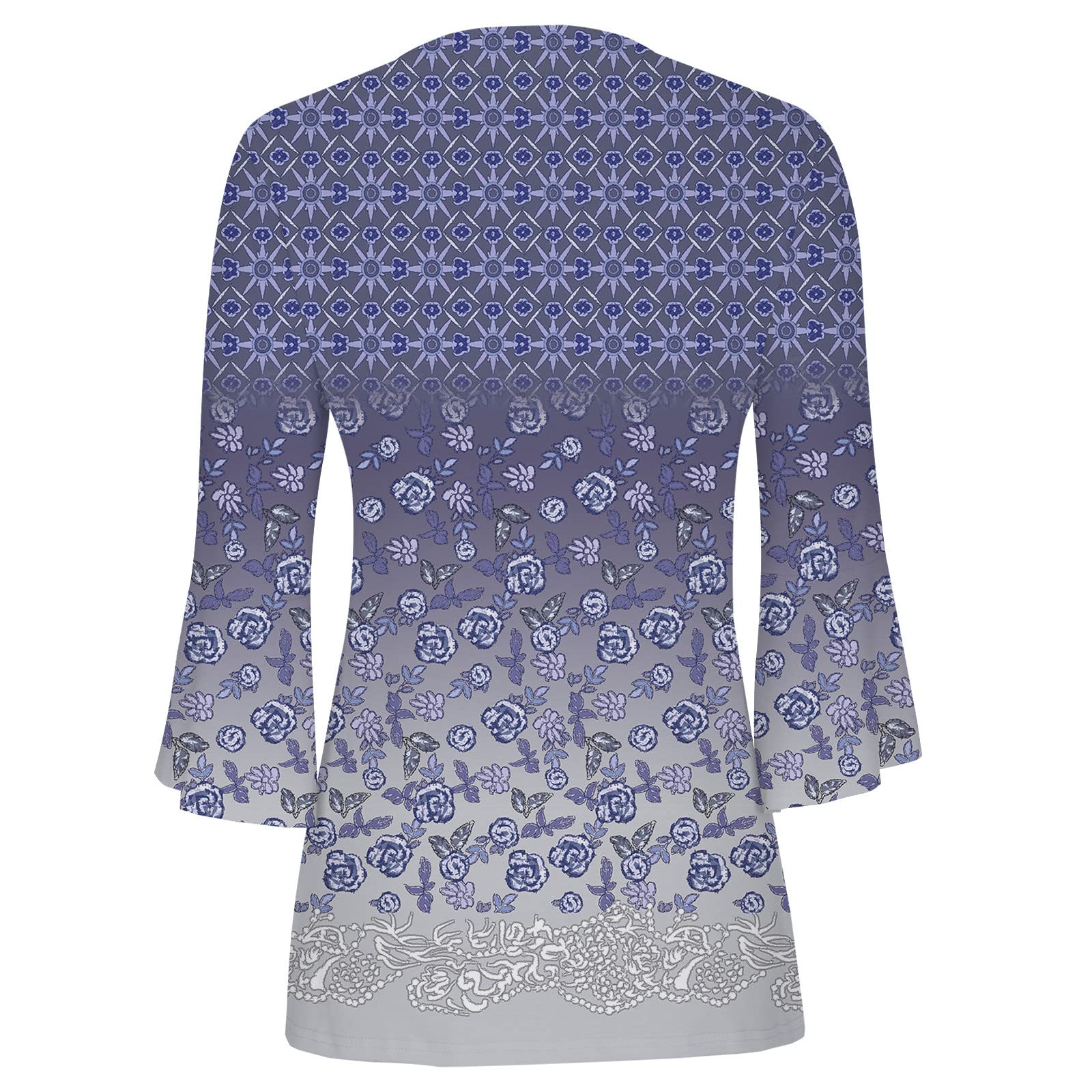 Trendy Women's Summer Tops - 3/4 Sleeve V-Neck Button-Up Tunic Blouse with Floral Pleated Design | Perfect for Beach Outings, Casual Wear & Office Attire
