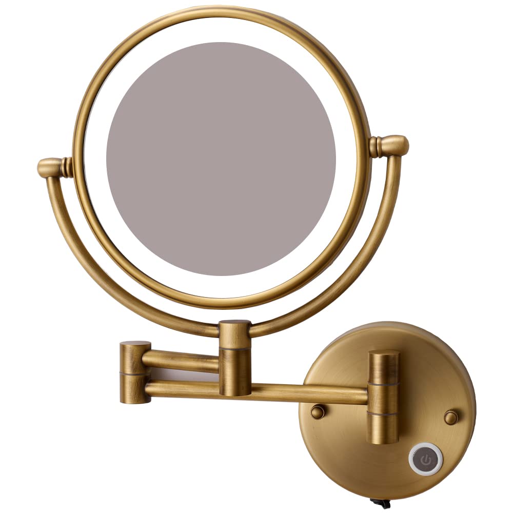 10X Magnification Wall Mounted Makeup Mirror with LED Lights - 8 Inch Double Sided Vanity Mirror, USB Rechargeable, Touch Control, Matte Black/Antique Brass - Perfect for Bathroom, Bedroom & Dressing Room Makeup Application