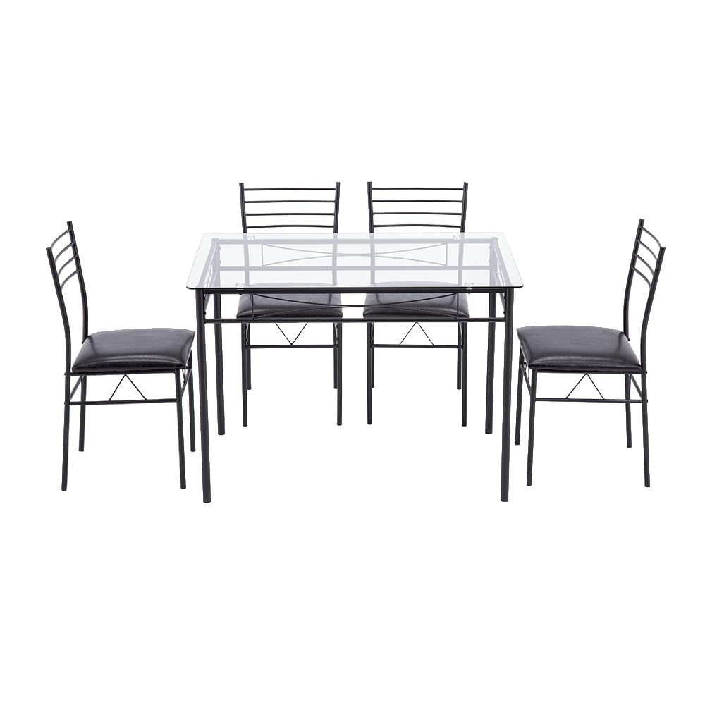 5-Piece Glass Dining Table Set with 4 PU Cushion Chairs - Modern Wooden Kitchen & Dining Room Furniture for Small Spaces in Black - Perfect for Apartments, Breakfast Nooks & Cozy Family Meals