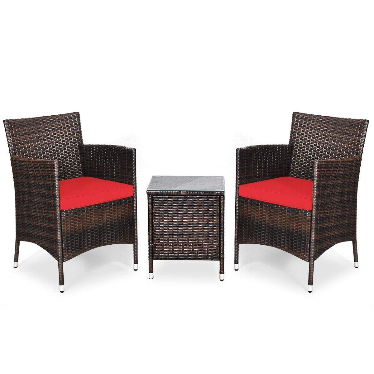 HPW 3-Piece Outdoor Patio Furniture Set with 2 Rattan Chairs & Tempered Glass Coffee Table - Red Cushions for Backyard, Deck, Balcony, Poolside & Outdoor Living Spaces | Perfect for Relaxing, Entertaining & Lounging