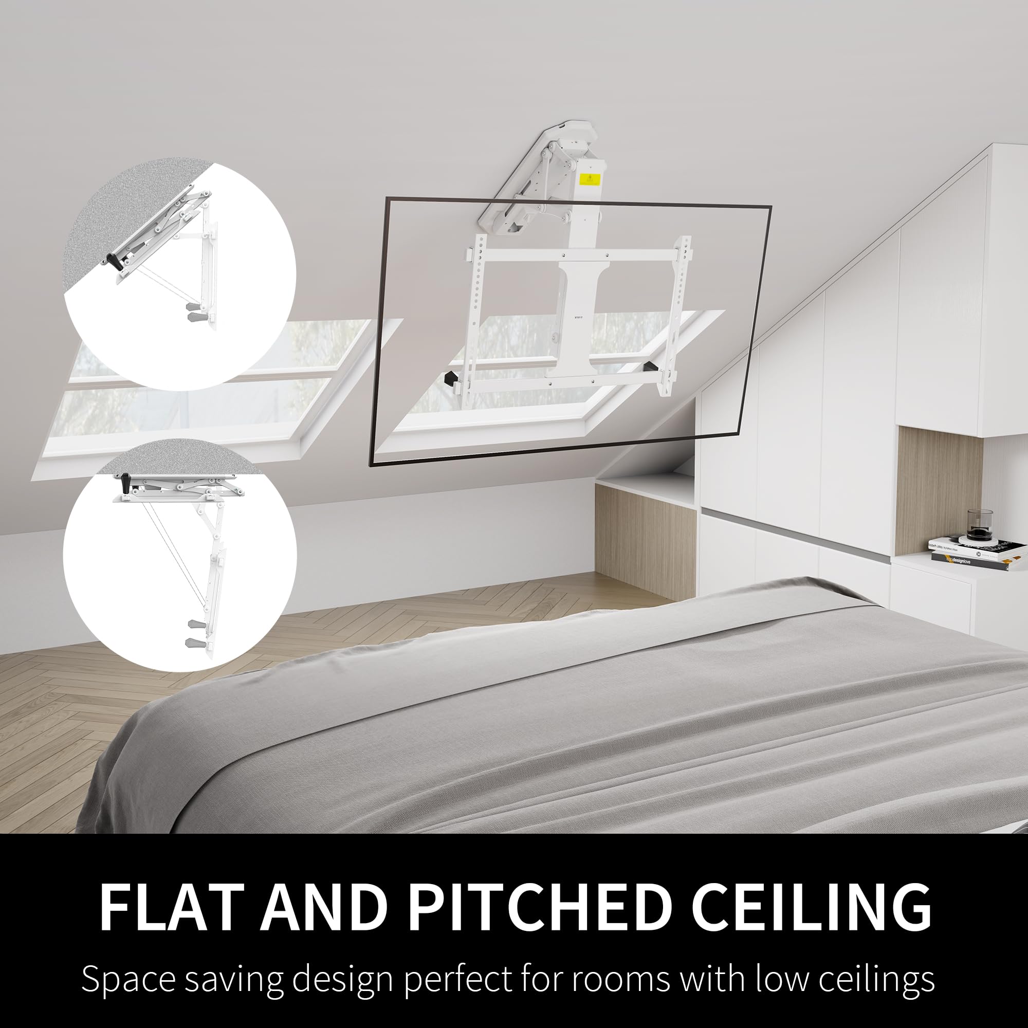 VIVO Electric Ceiling TV Mount for 32-70 Inch Screens, Motorized Flip Down Pitched Roof VESA Bracket, Heavy Duty Adjustable TV Bracket for Home Theater, Living Room, Bedroom, Basement - White (MOUNT-E-FD70W)