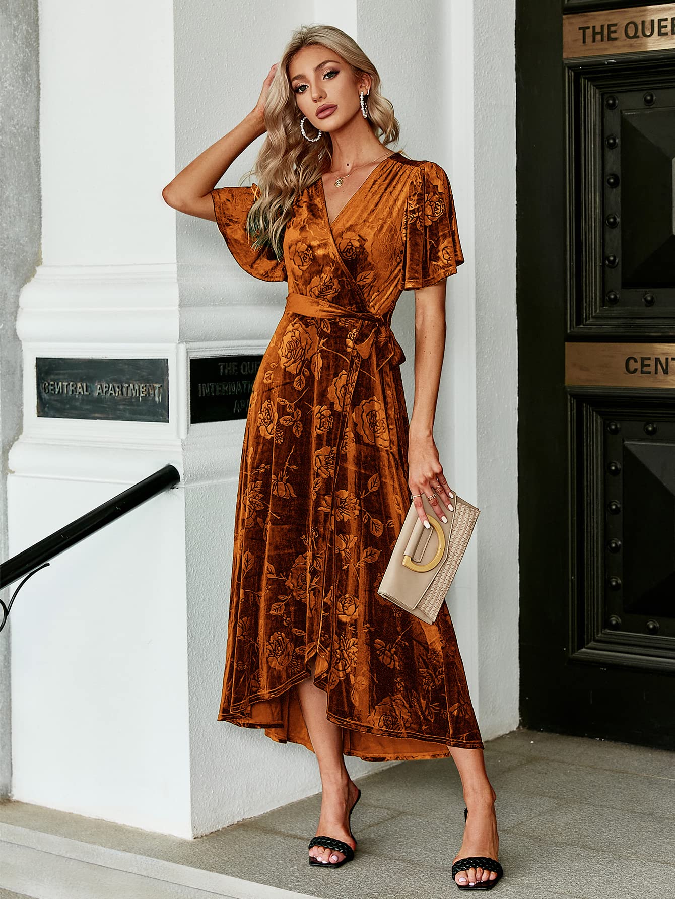 BerryGo Women's Velvet Floral Wrap Dress - Elegant Semi-Formal Maternity Maxi Dress with Ruffles for Wedding Guest, Prom, Winter Parties & Special Occasions
