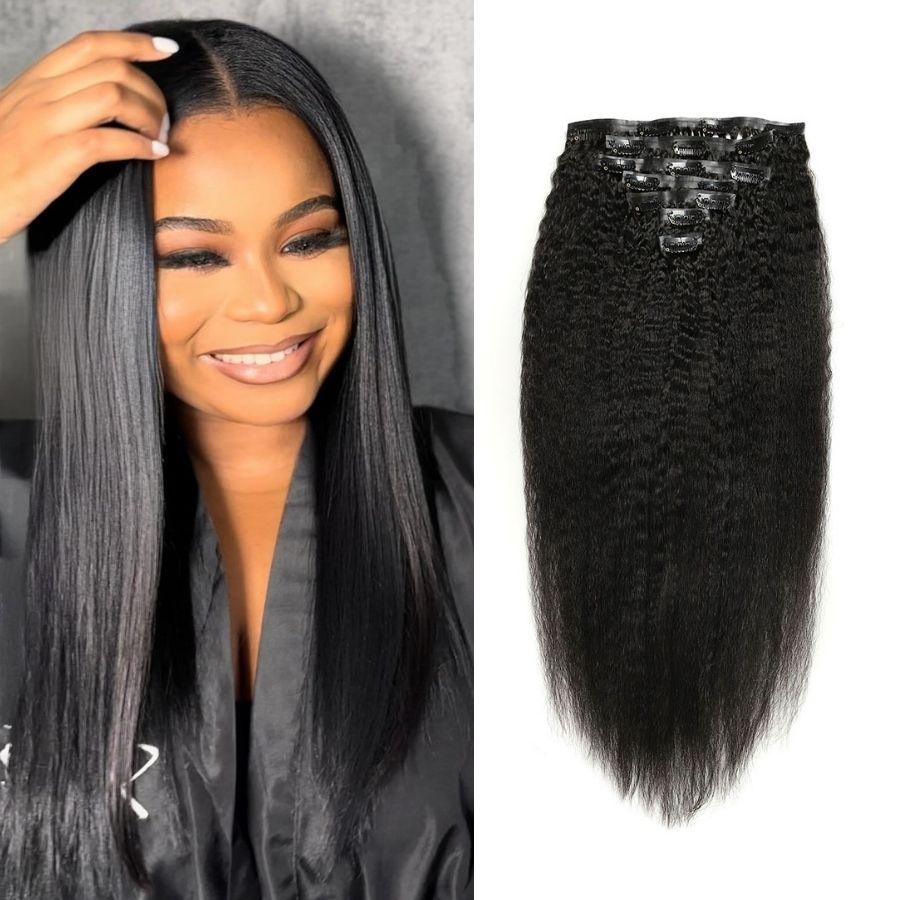 WOWANGEL Kinky Straight Seamless Clip-In Hair Extensions 18 Inch - Natural Black Human Hair Weft for Volume & Length - Perfect for Daily Wear, Parties & Special Occasions